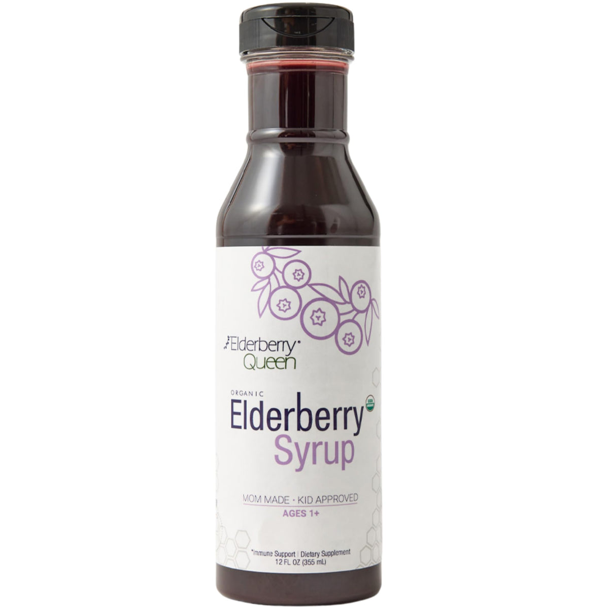 Sirope Elderberry Queen en botella, posible apoyo diario al bienestar.