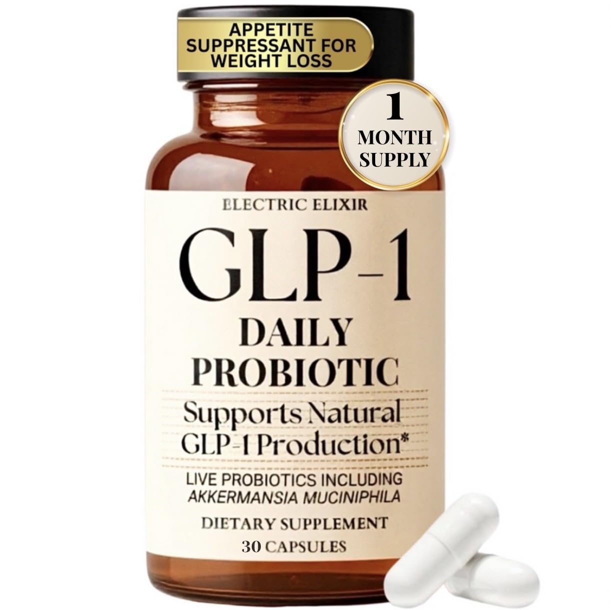Electric Elixir GLP-1: botella con cápsulas para control del apetito