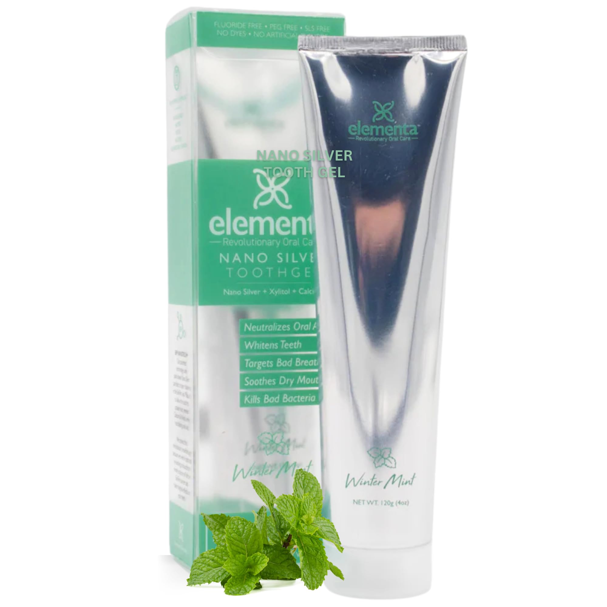 Elementa Silver envase de pasta dental con sabor menta invernal para uso diario.