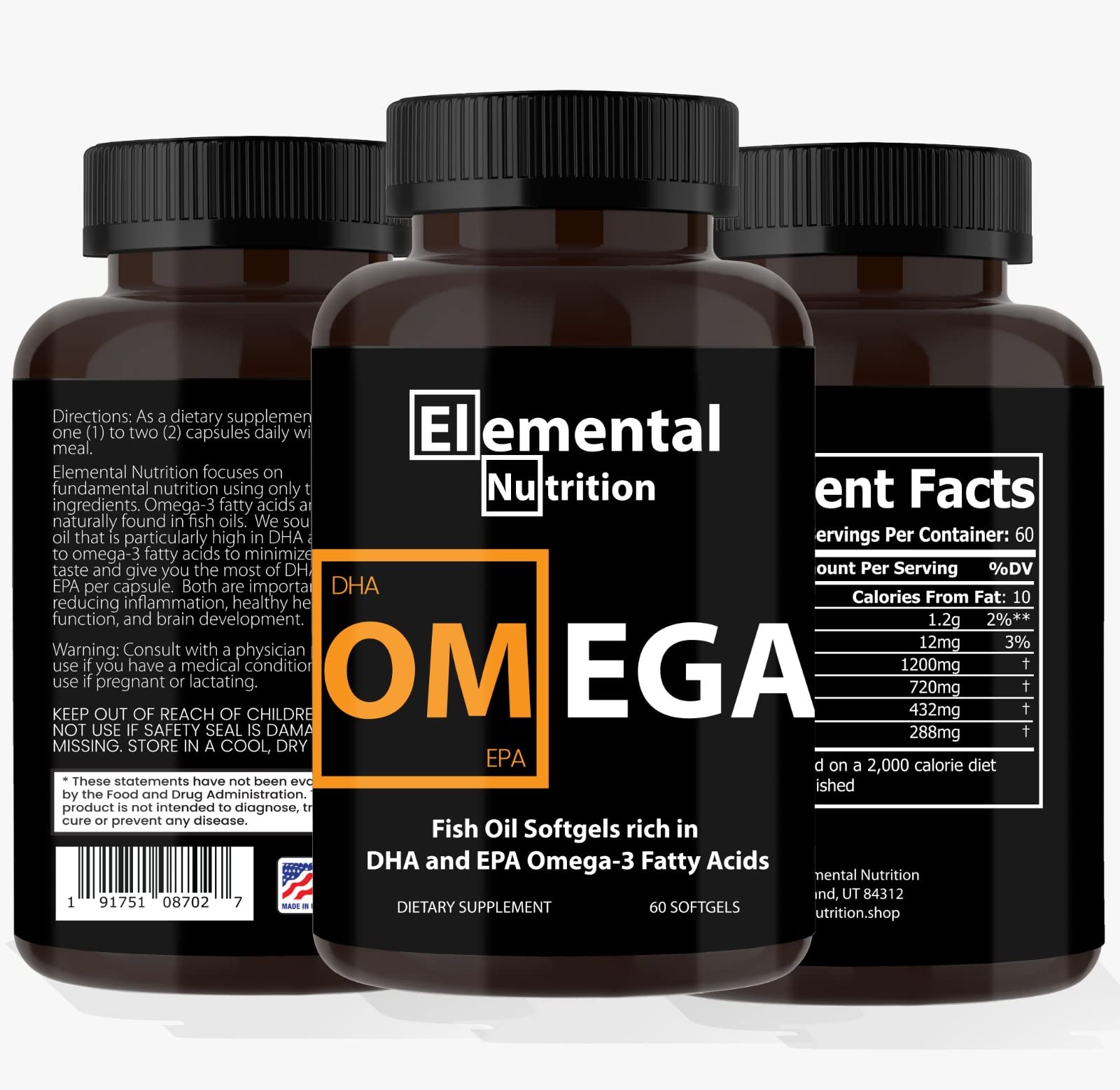 Elemental Nutrition Omega-3: EPA y DHA en porción de 1440 mg para uso diario.