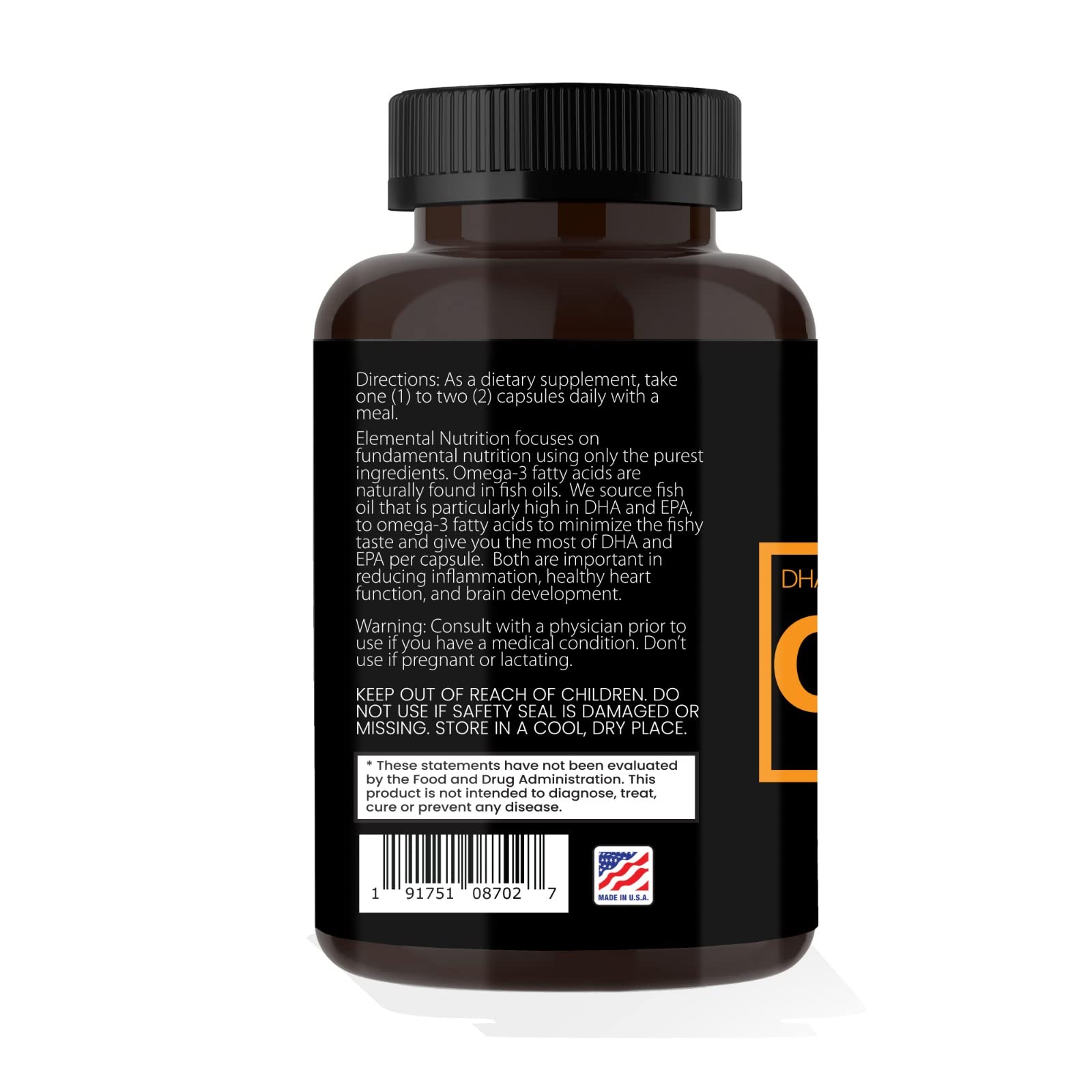 Elemental Nutrition Omega-3: frasco negro reutilizable para la familia.