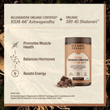 Etiqueta Elevate Organic Proteína Mujer Chocolate con porciones claramente indicadas.