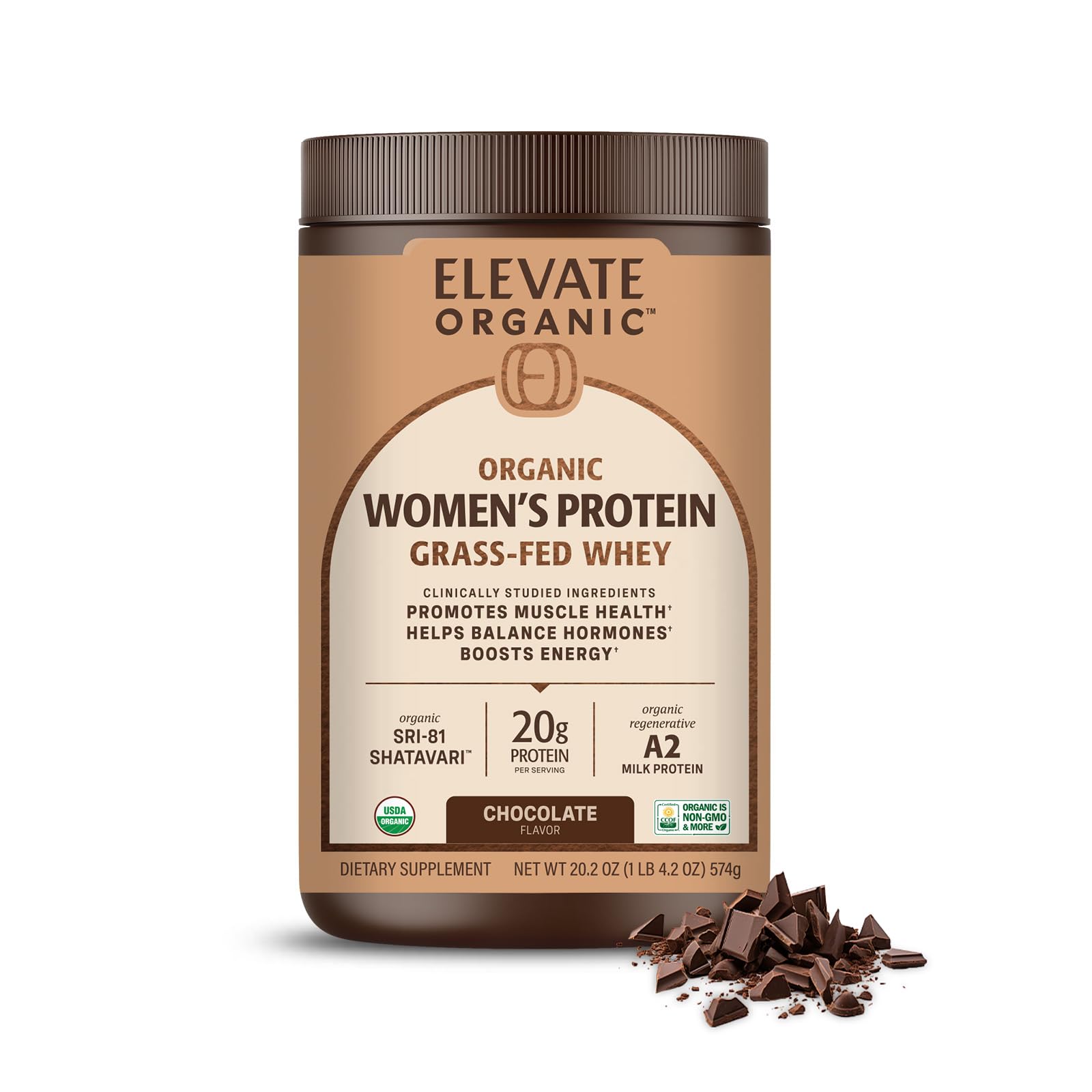 Proteína Elevate Organic Mujer Chocolate en frasco para batidos diarios.