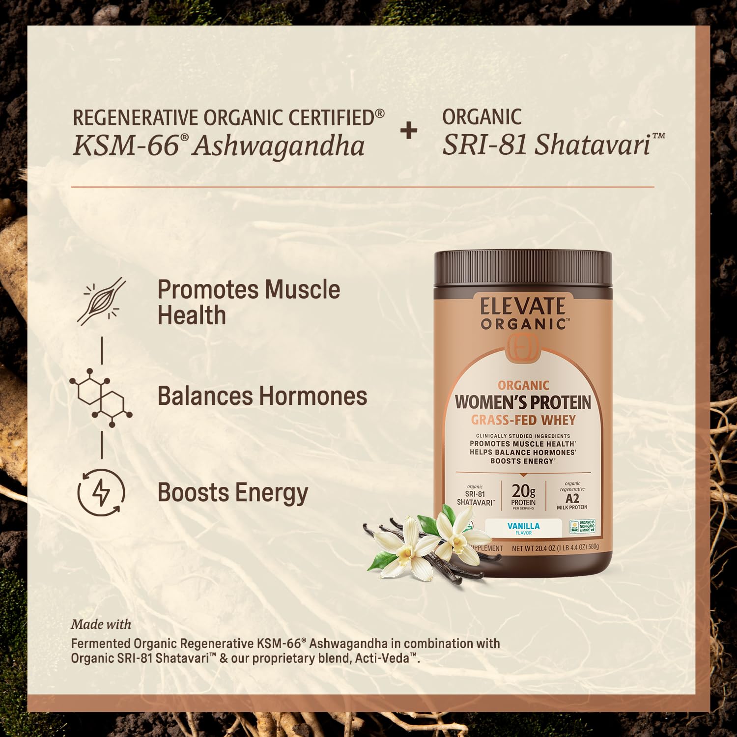 ELEVATE ORGANIC Proteína para mujeres con pasto alimentado y Shatavari, soporte de energía