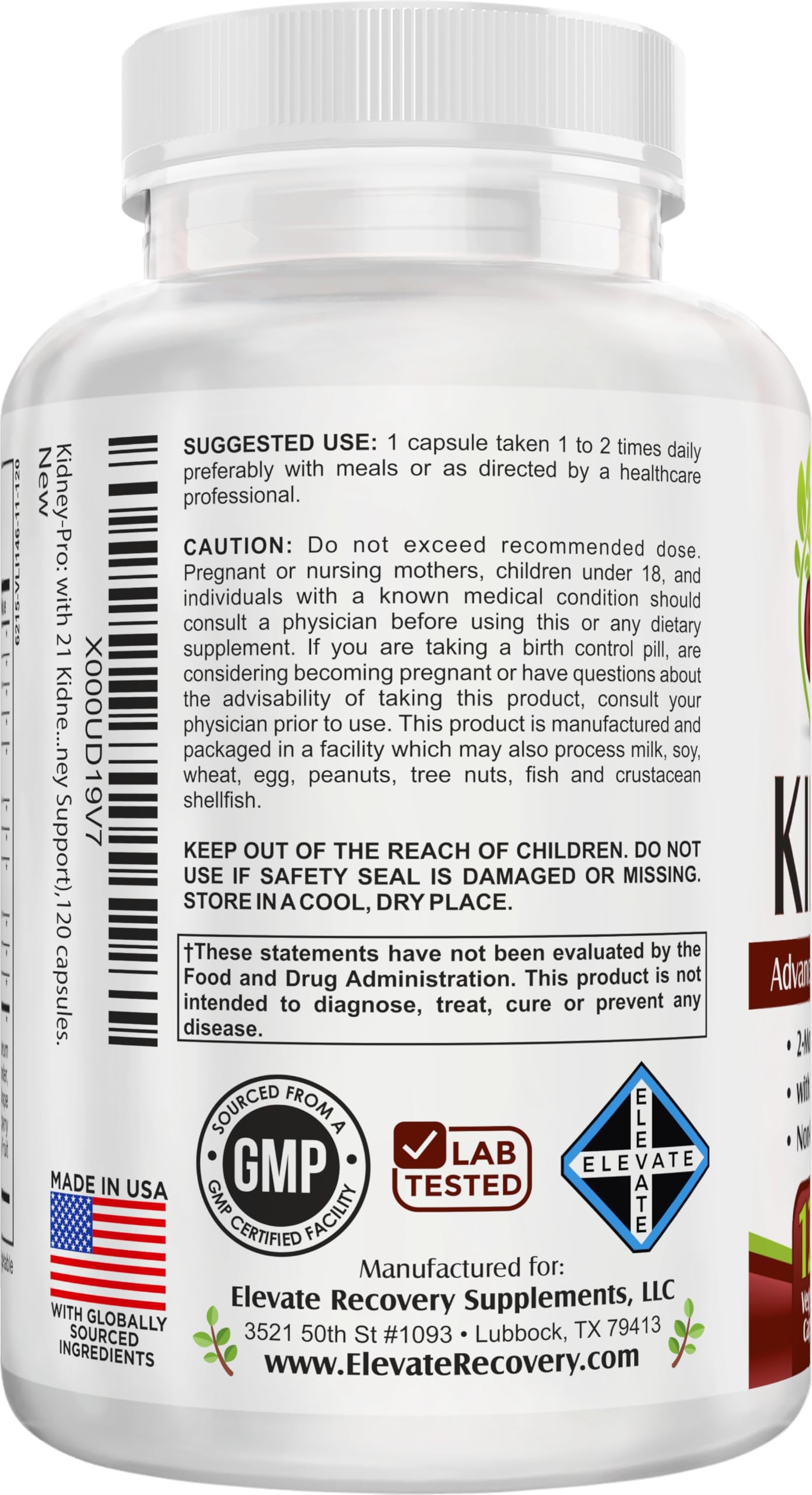 Kidney-Pro de Elevate Recovery: ingredientes clave en la etiqueta.