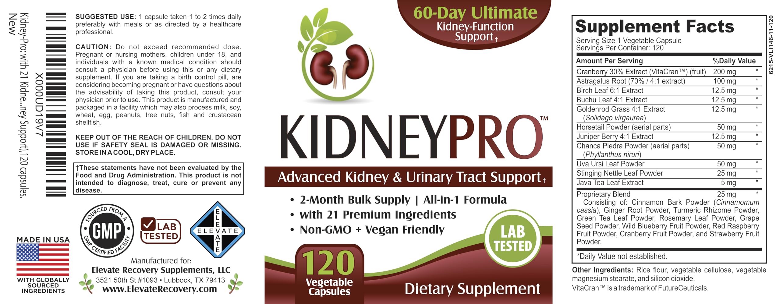 Kidney-Pro de Elevate Recovery: uso diario para apoyo urinario estable.