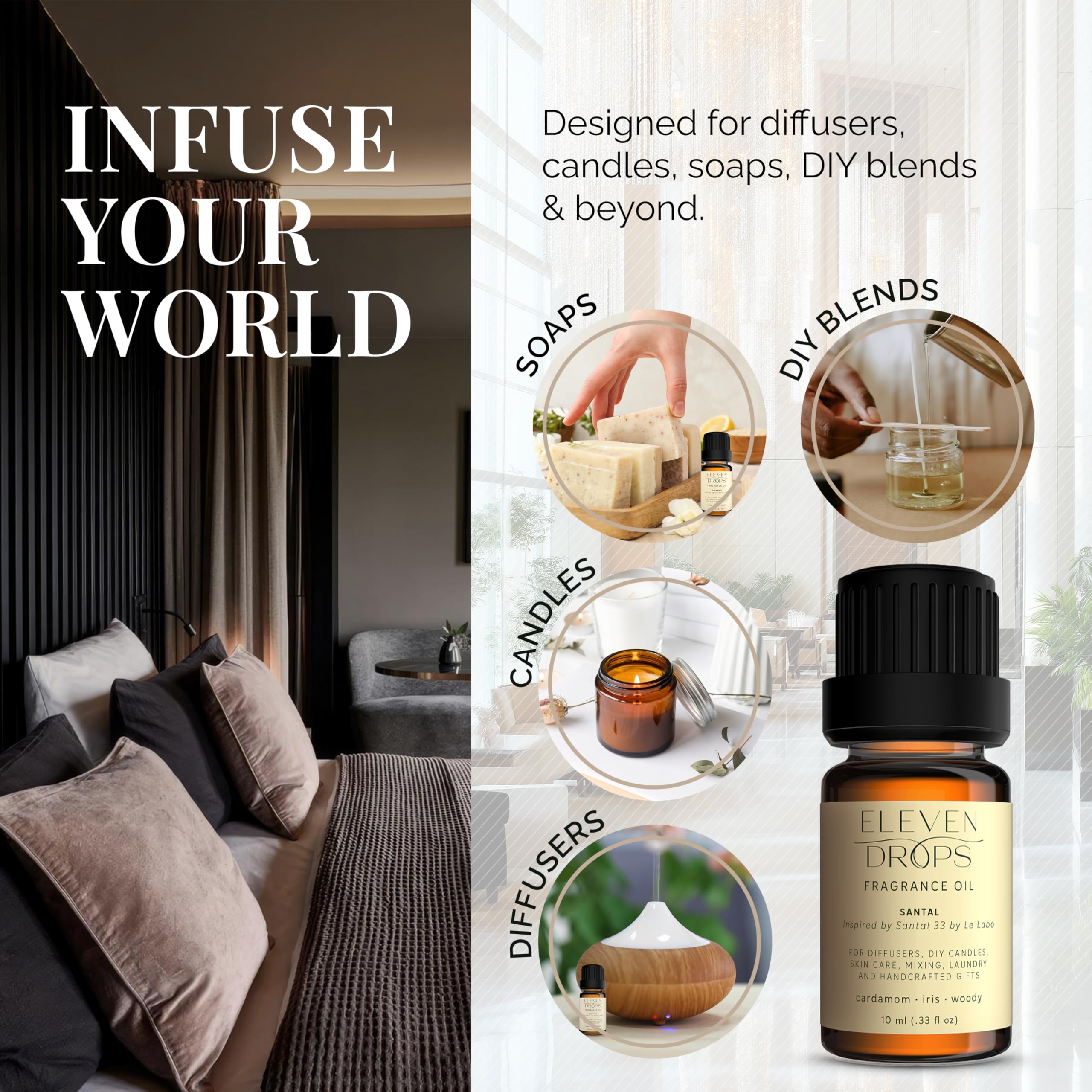 Difusor ultrasonico con Eleven Drops Santal, fragancia duradera