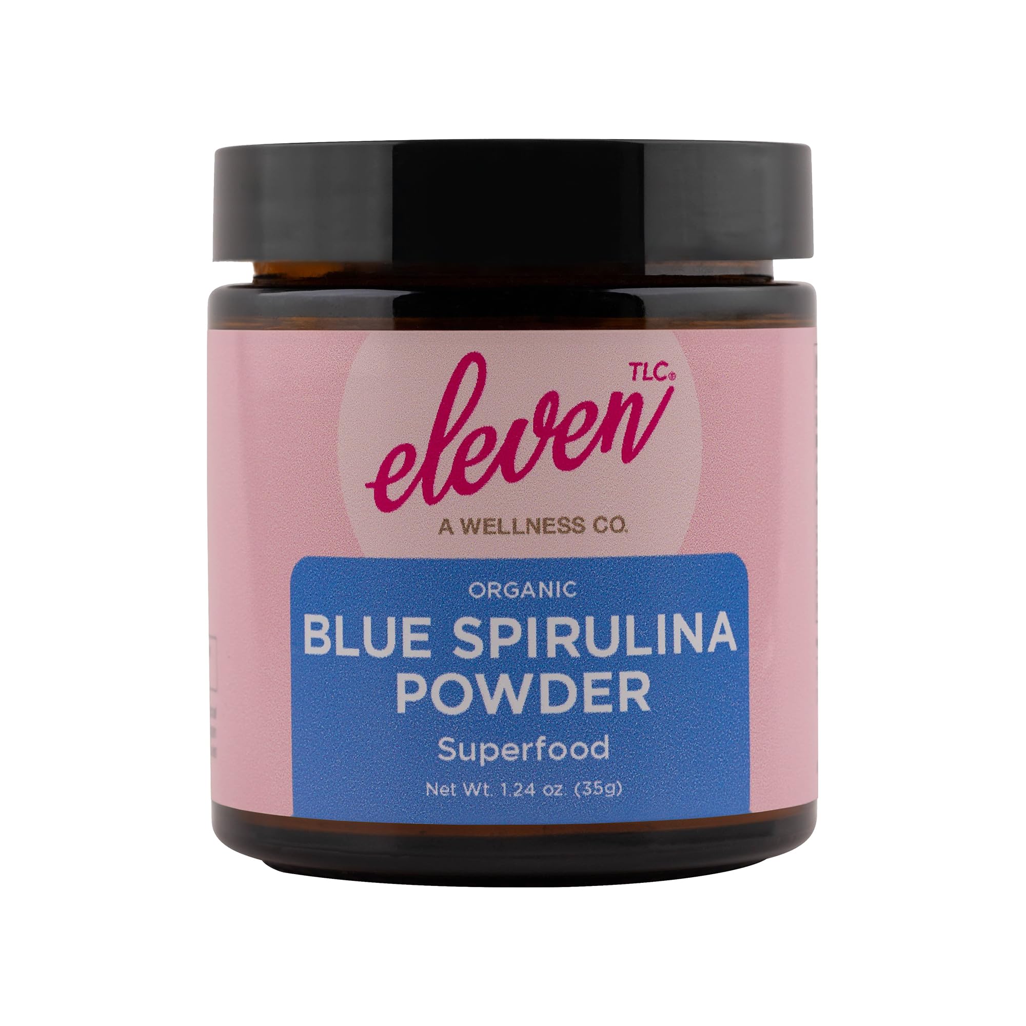 Frasco de Eleven TLC Espirulina Azul en Polvo en vidrio para batidos.