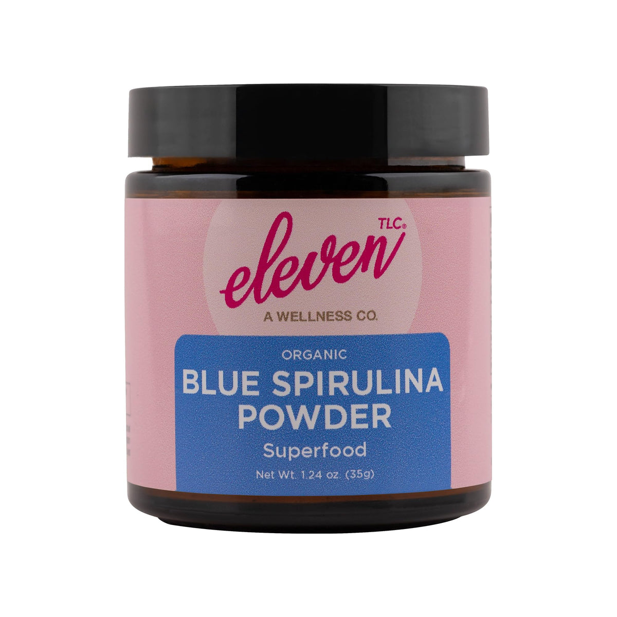 Frasco de Eleven TLC Espirulina Azul en Polvo en vidrio para batidos.