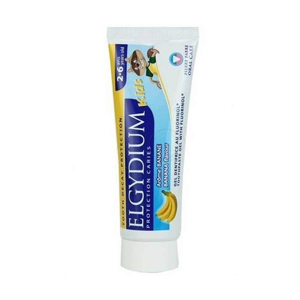 Elgydium Kids Gel banana para dientes de leche, protección suave y sabor agradable.