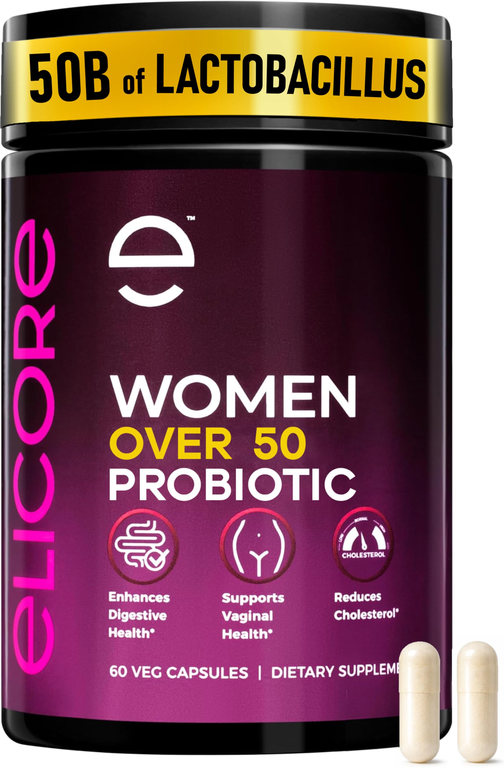 ELICORE Premium Probiotics para mujeres: cápsulas 50 mil millones CFU para soporte digestivo diario.