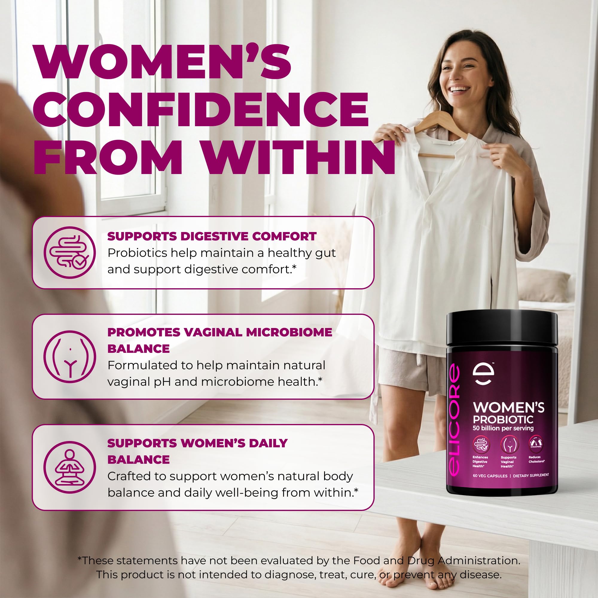 ELICORE Premium Probiotics para mujeres: balance de flora digestiva y bienestar diario.
