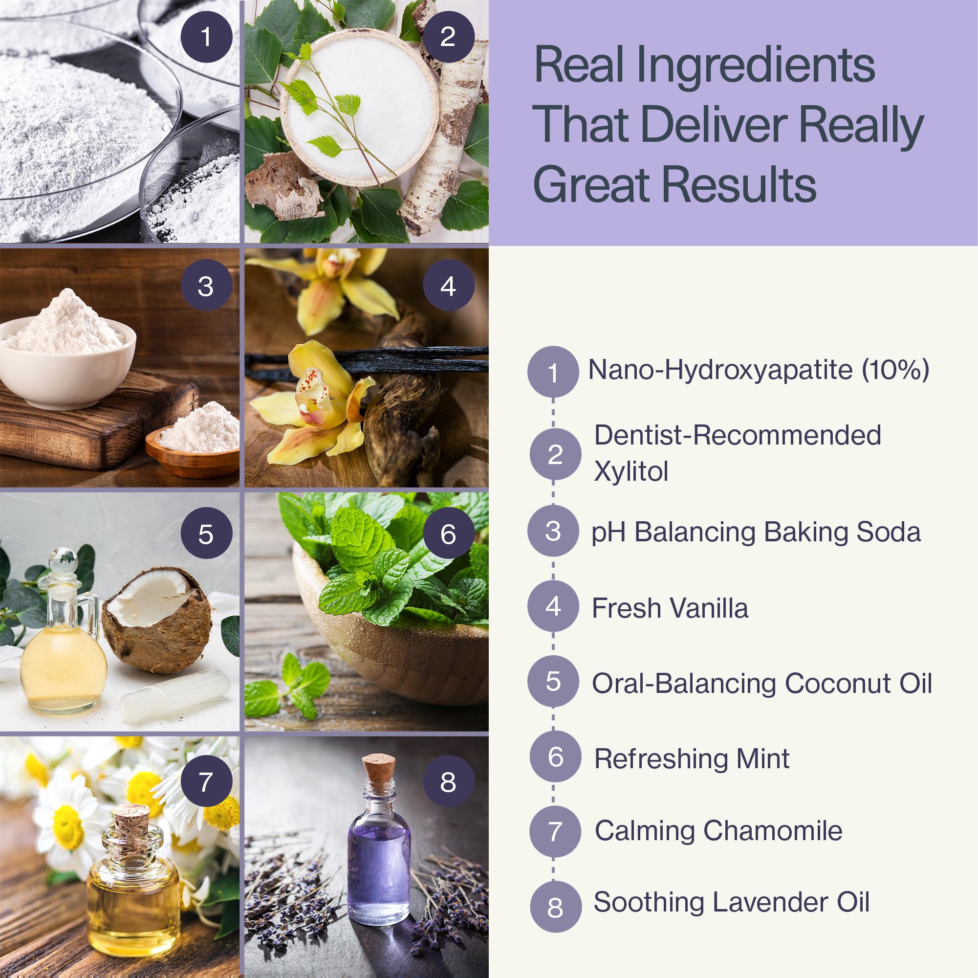 Sabores de manzanilla, vainilla, lavanda y menta para cepillado agradable