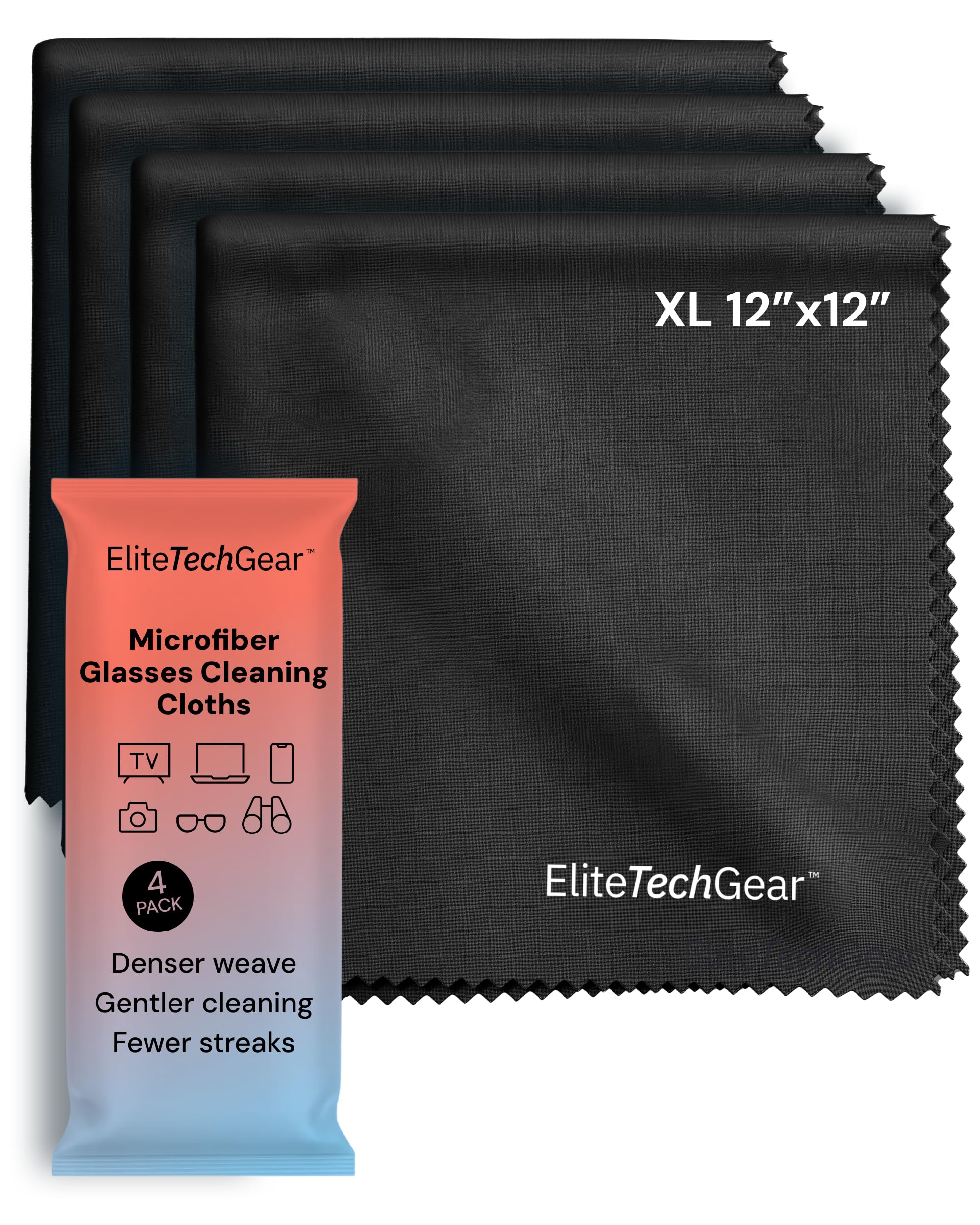 Elite Tech Gear paño microfibra 12x12 para gafas en negro, limpieza suave sin rayas.
