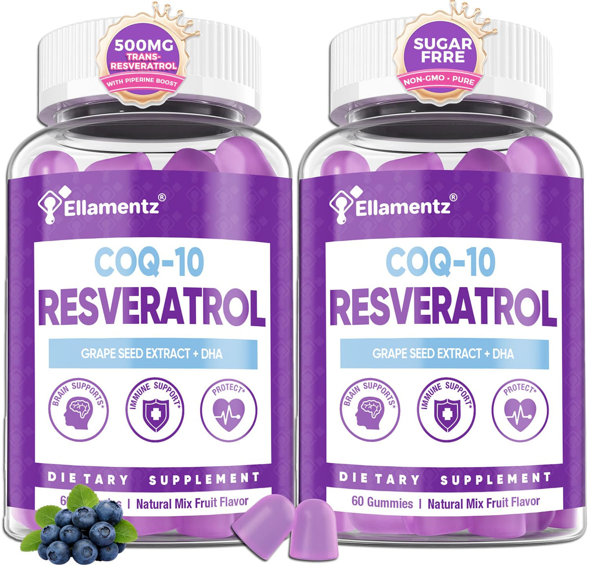 Ellamentz 7en1 resveratrol gomitas, frasco visible, apoyo antioxidante para el día a día.