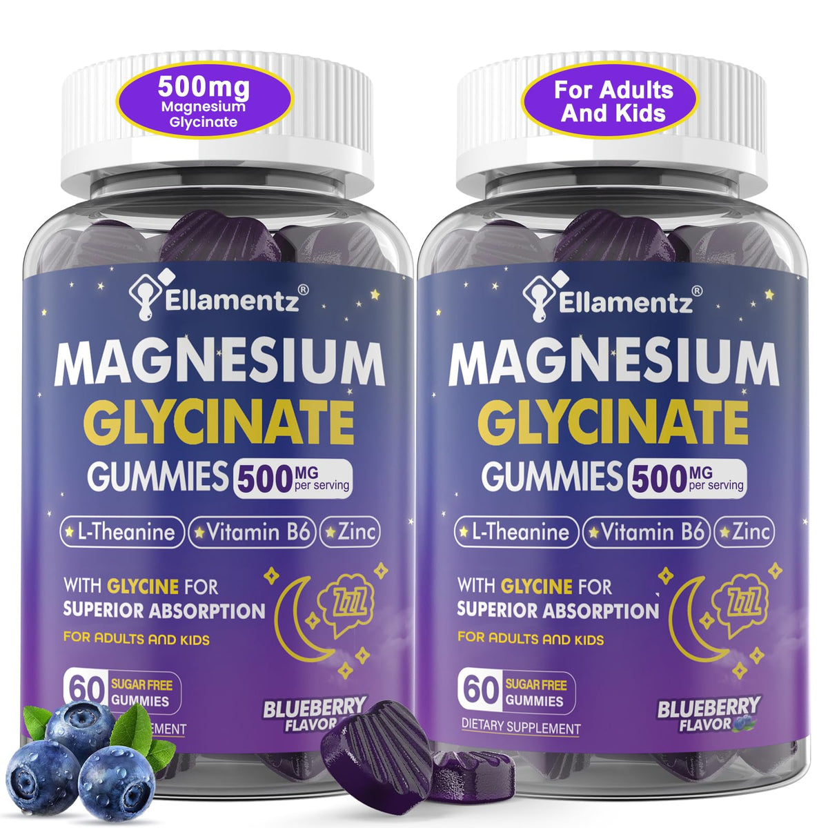 Ellamentz gominolas magnesio glicinato: sabor arándano y apoyo al sueño.