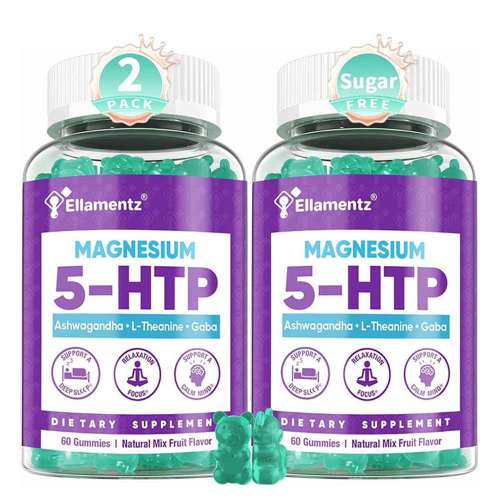 Ellamentz gomitas 5HTP, paquete frontal para apoyo al relax nocturno.