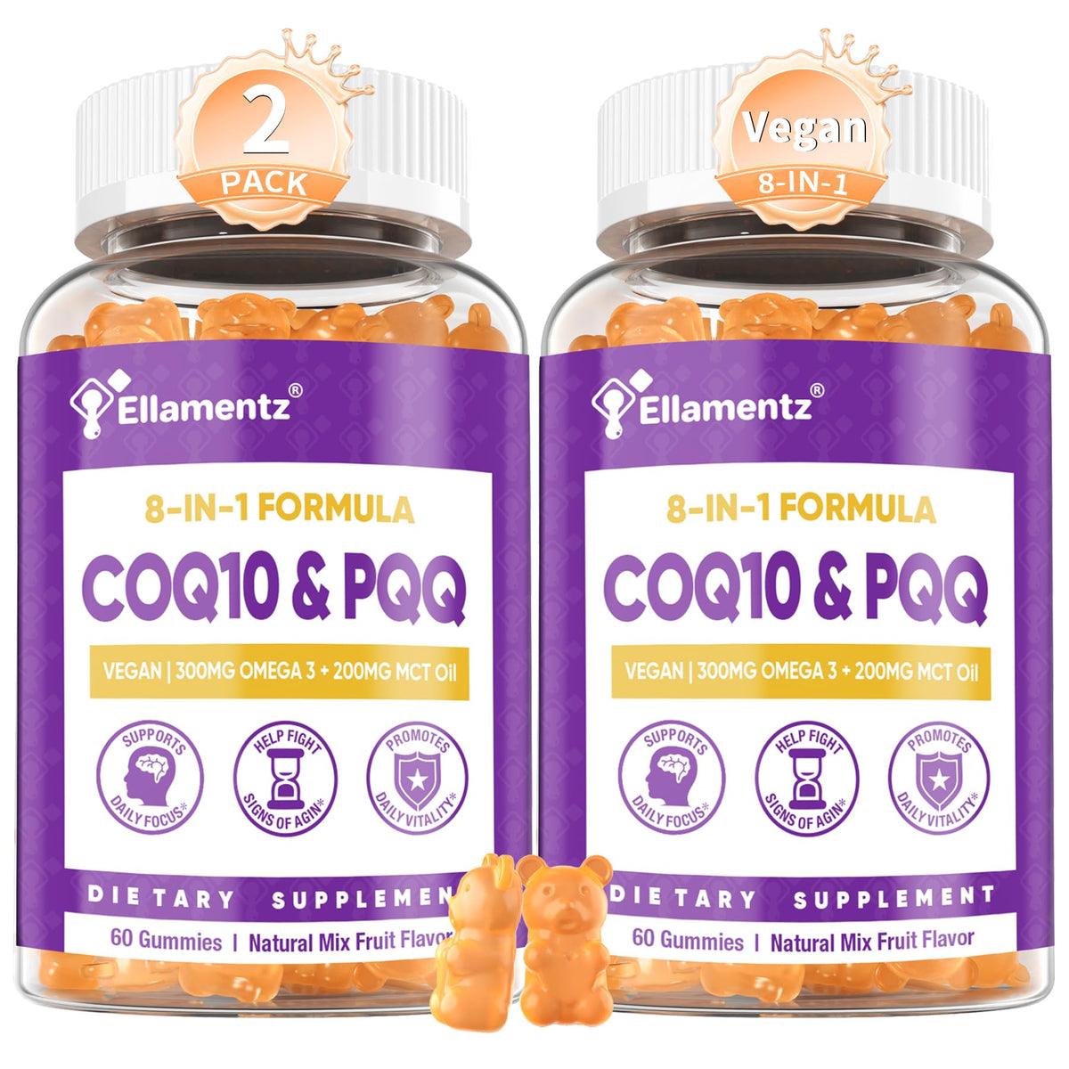 Gomitas CoQ10 de ELLAMENTZ en botella para energía diaria y bienestar general