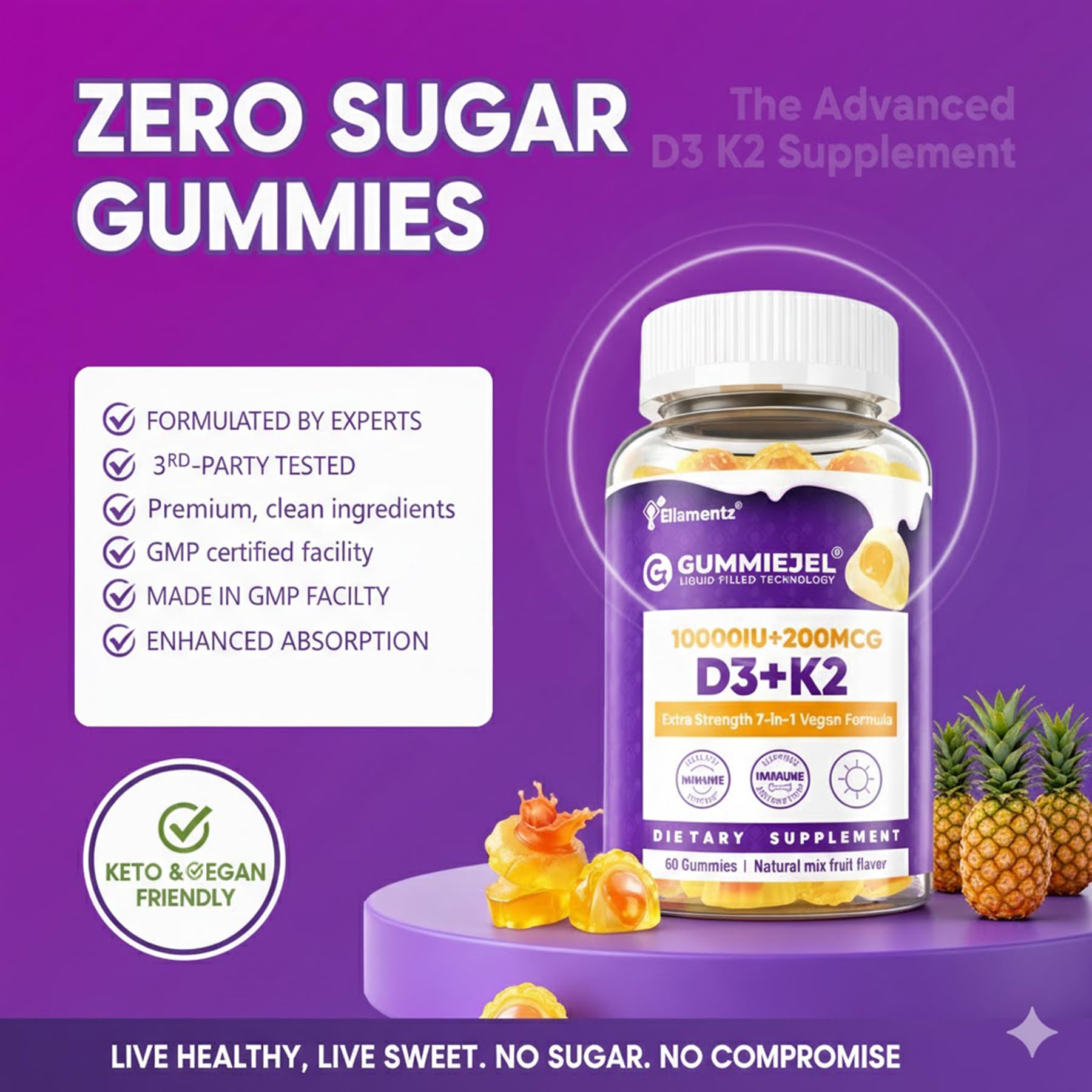 Gomitas sin azúcar de Ellamentz D3 K2 con sabor piña.