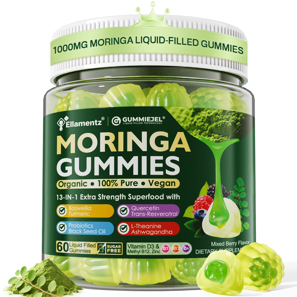 Gomitas Moringa de ELLAMENTZ en botella para energía diaria natural.