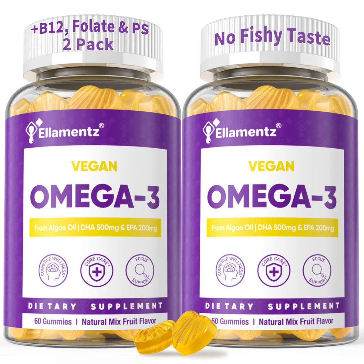 Gomitas Ellamentz omega3 de algas con DHA 500 mg y EPA 200 mg para cerebro