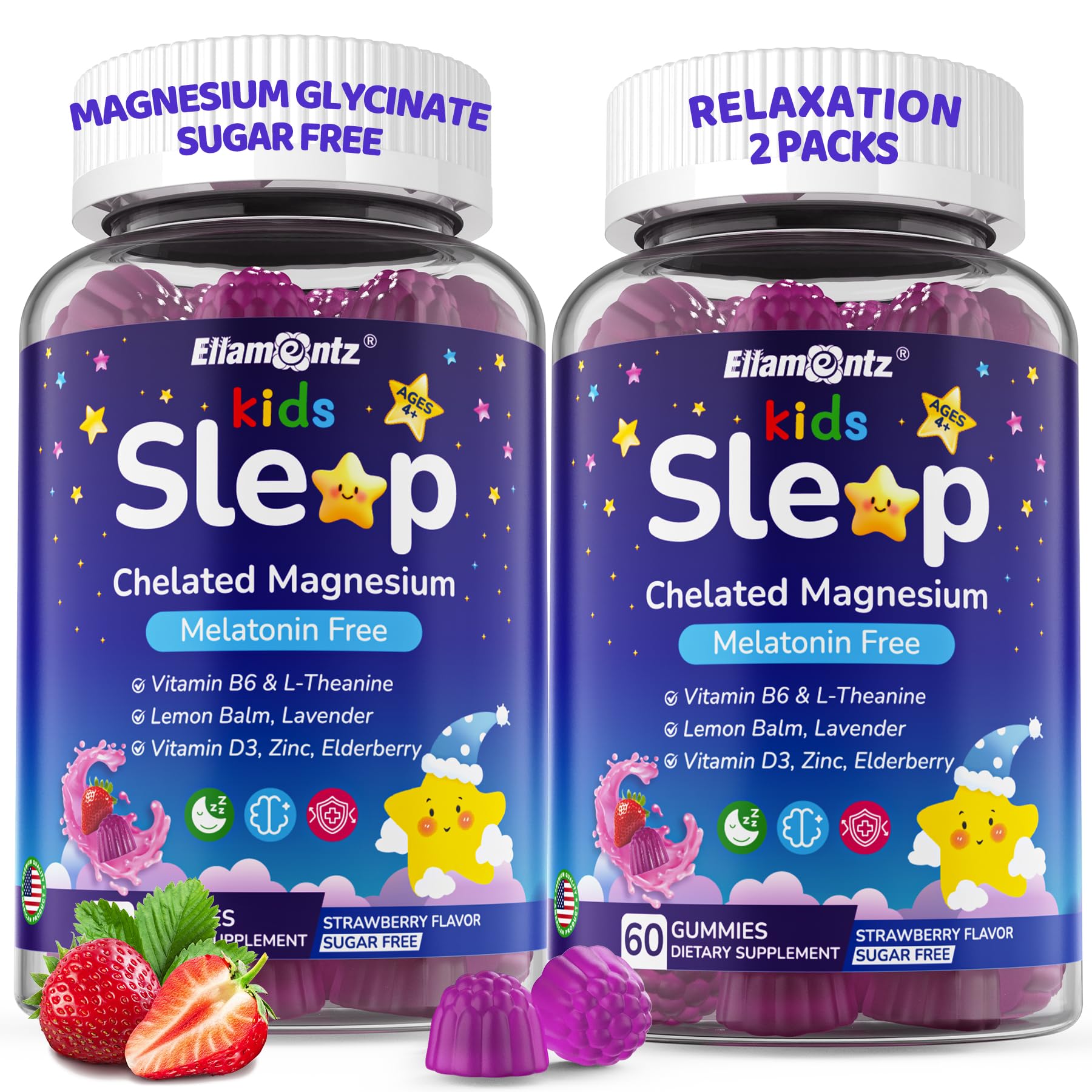 ELLAMENTZ Kids Sleep Gummies: botella frontal para descanso suave sin melatonina.