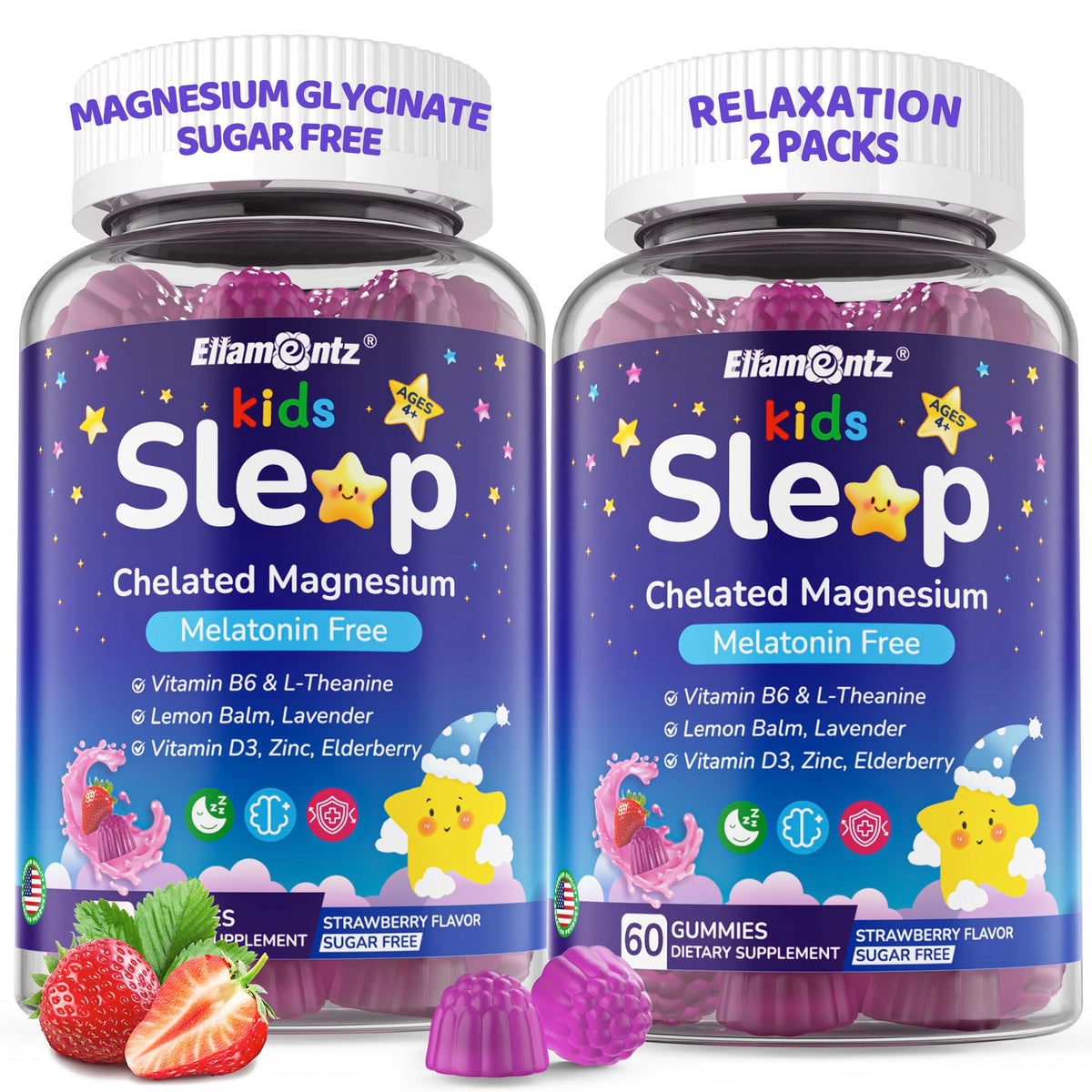 ELLAMENTZ Kids Sleep Gummies: botella frontal para descanso suave sin melatonina.