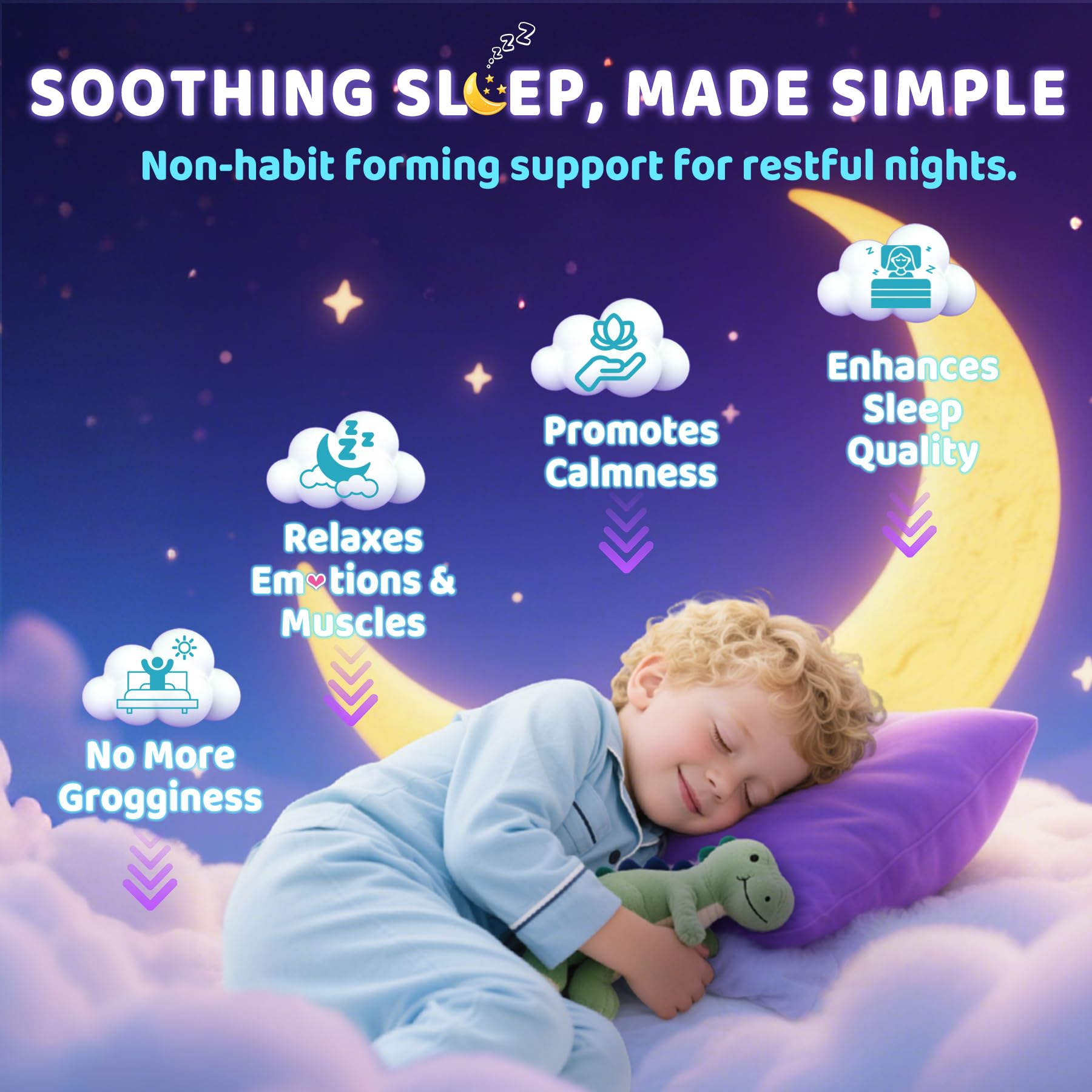 ELLAMENTZ Kids Sleep Gummies: etiqueta clara con ingredientes clave para dormir y apoyar la inmunidad.