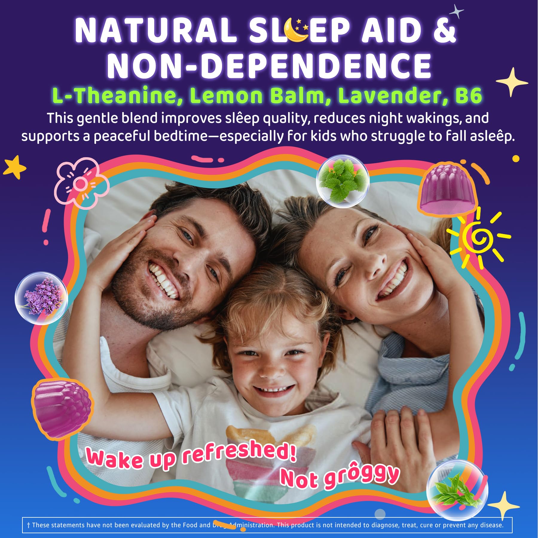 ELLAMENTZ Kids Sleep Gummies: enfoque en L-teanina para calmar la mente al dormir.