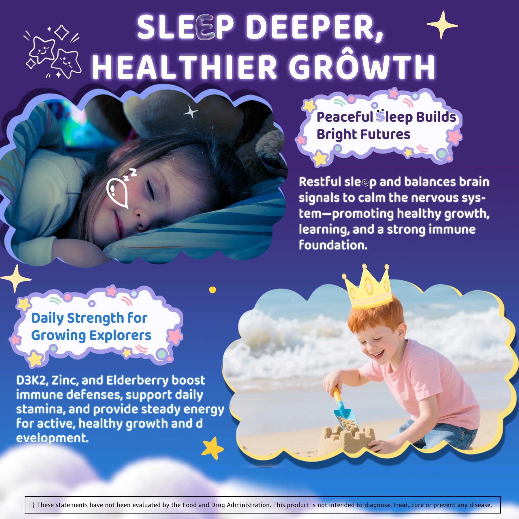 ELLAMENTZ Kids Sleep Gummies: lavanda para comodidad y relajación antes de acostarse.