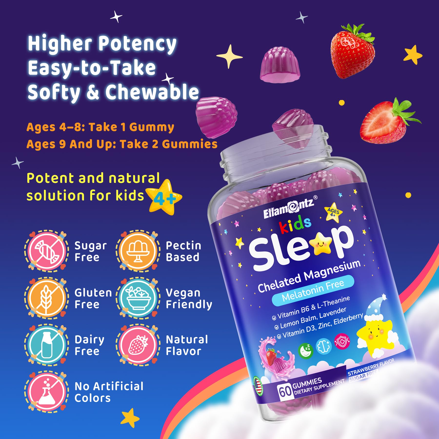 ELLAMENTZ Kids Sleep Gummies: zinc y D3 y K2 que apoyan la inmunidad y el crecimiento.