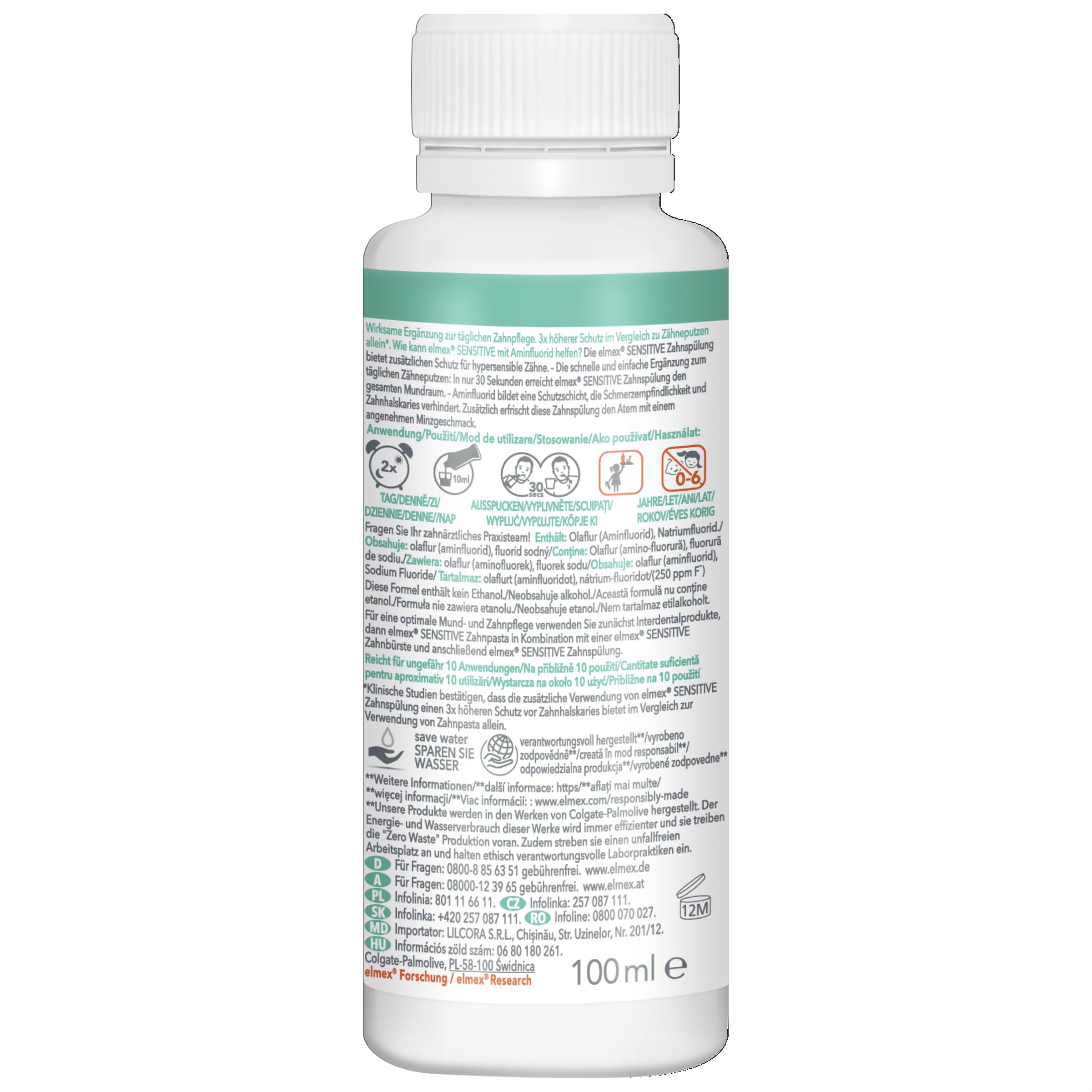 Enjuague Elmex Sensitive, botella mostrando uso diario suave para dientes sensibles