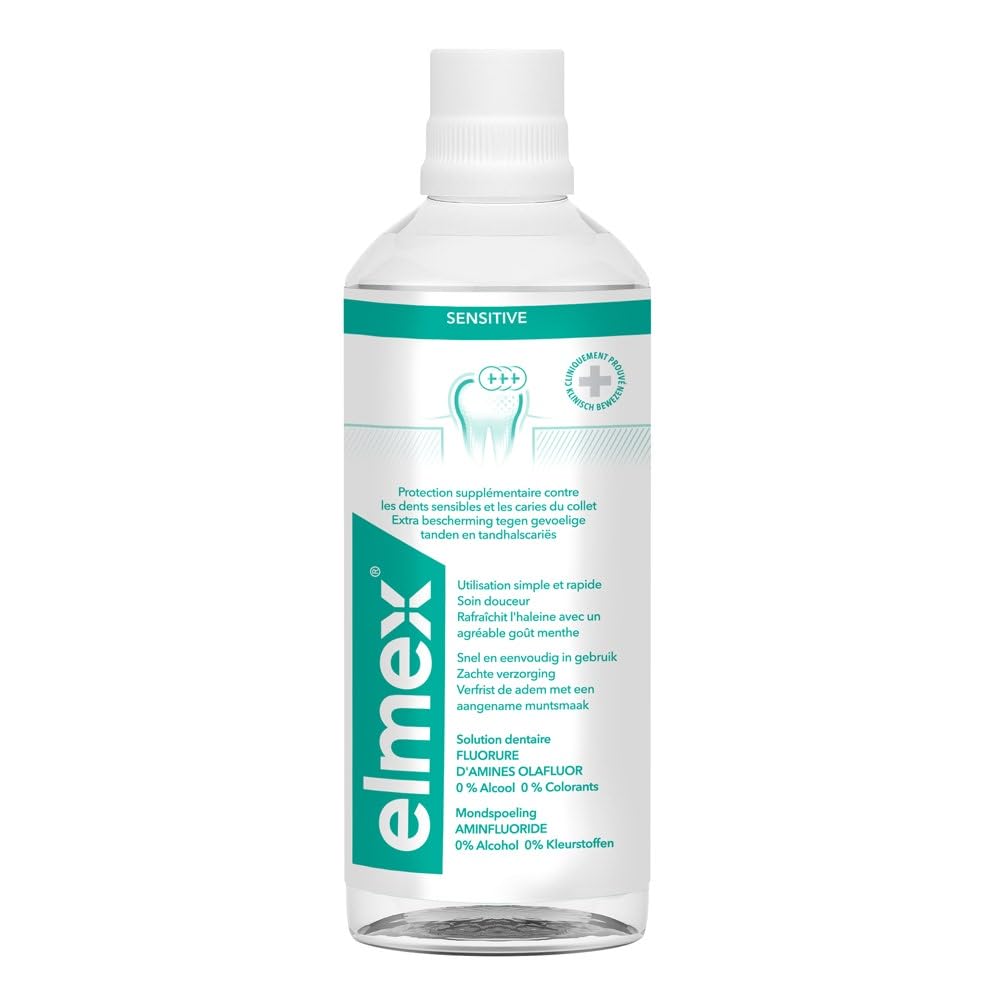 Elmex Solución dental sensible, botella de 400 ml para uso diario y cuidado de dientes sensibles.