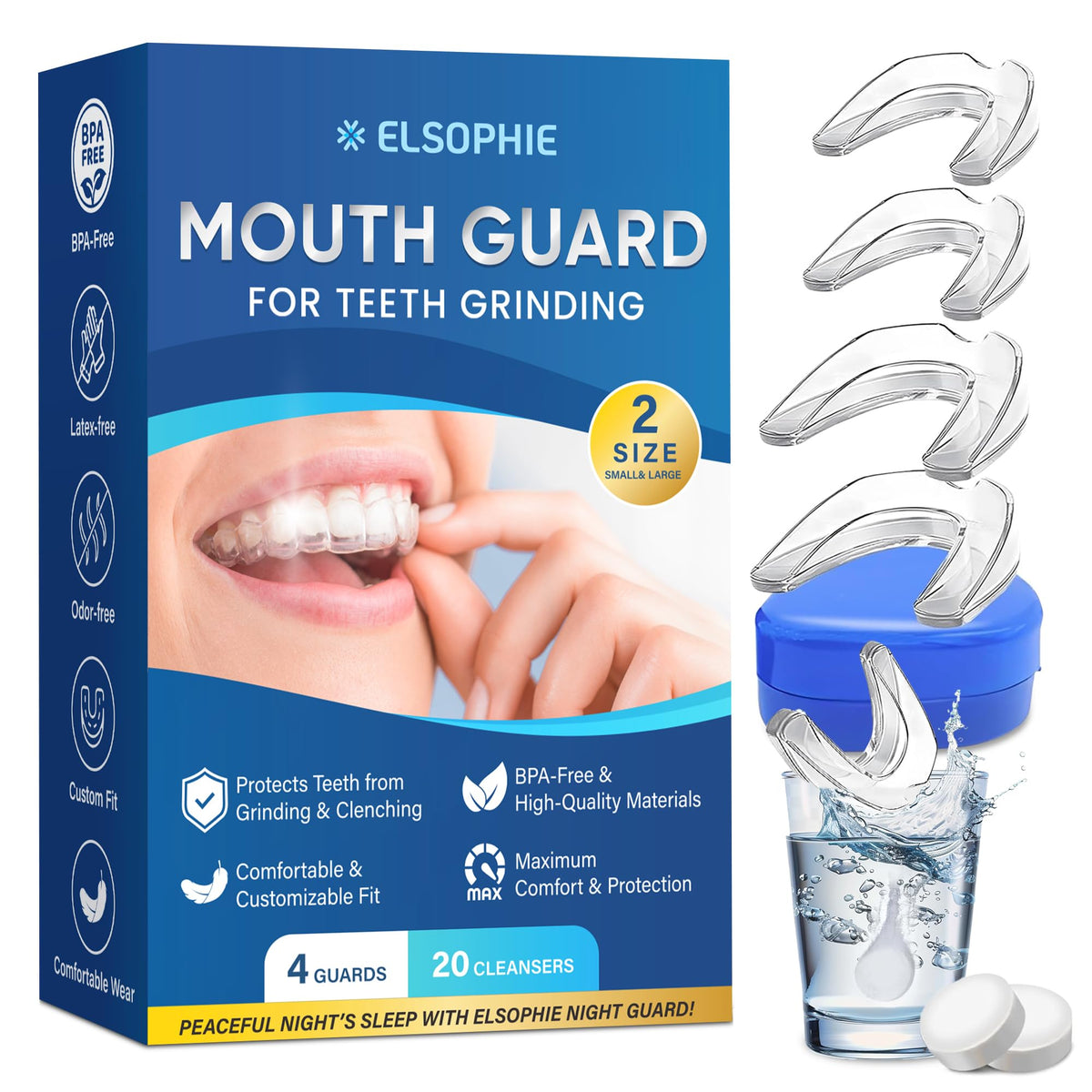 Protector nocturno Elsophie en pack, protege dientes durante la noche y facilita descanso.