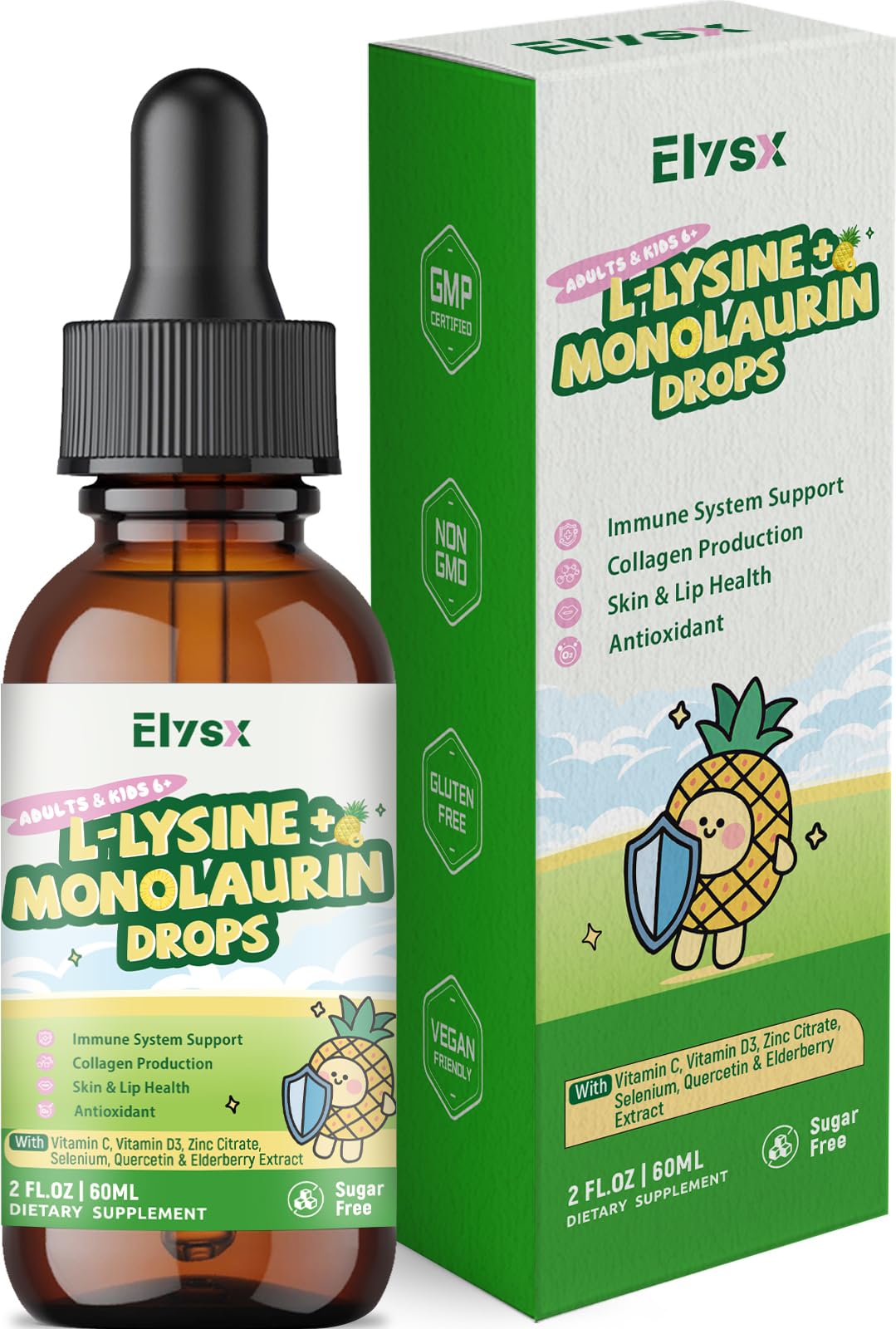 Gotas Elysx L-Lisina Monolaurina en botella para apoyo inmunitario diario.