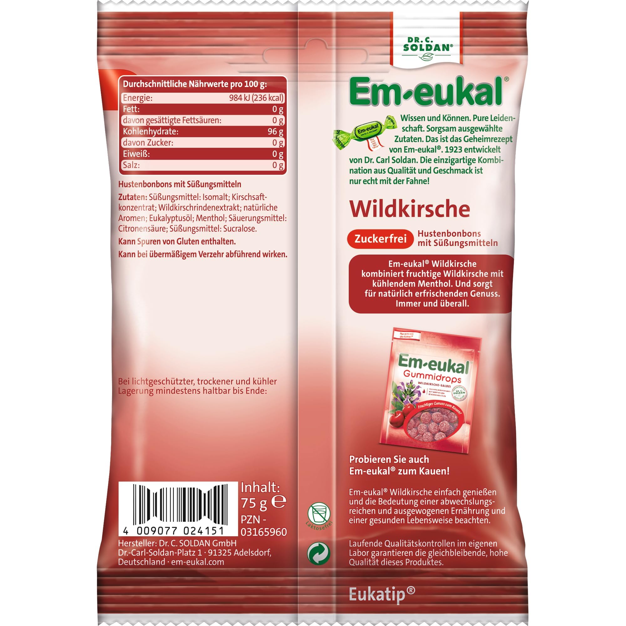 Em-Eukal Cereza Silvestre sin azúcar: caramelo refrescante con aroma frutal.
