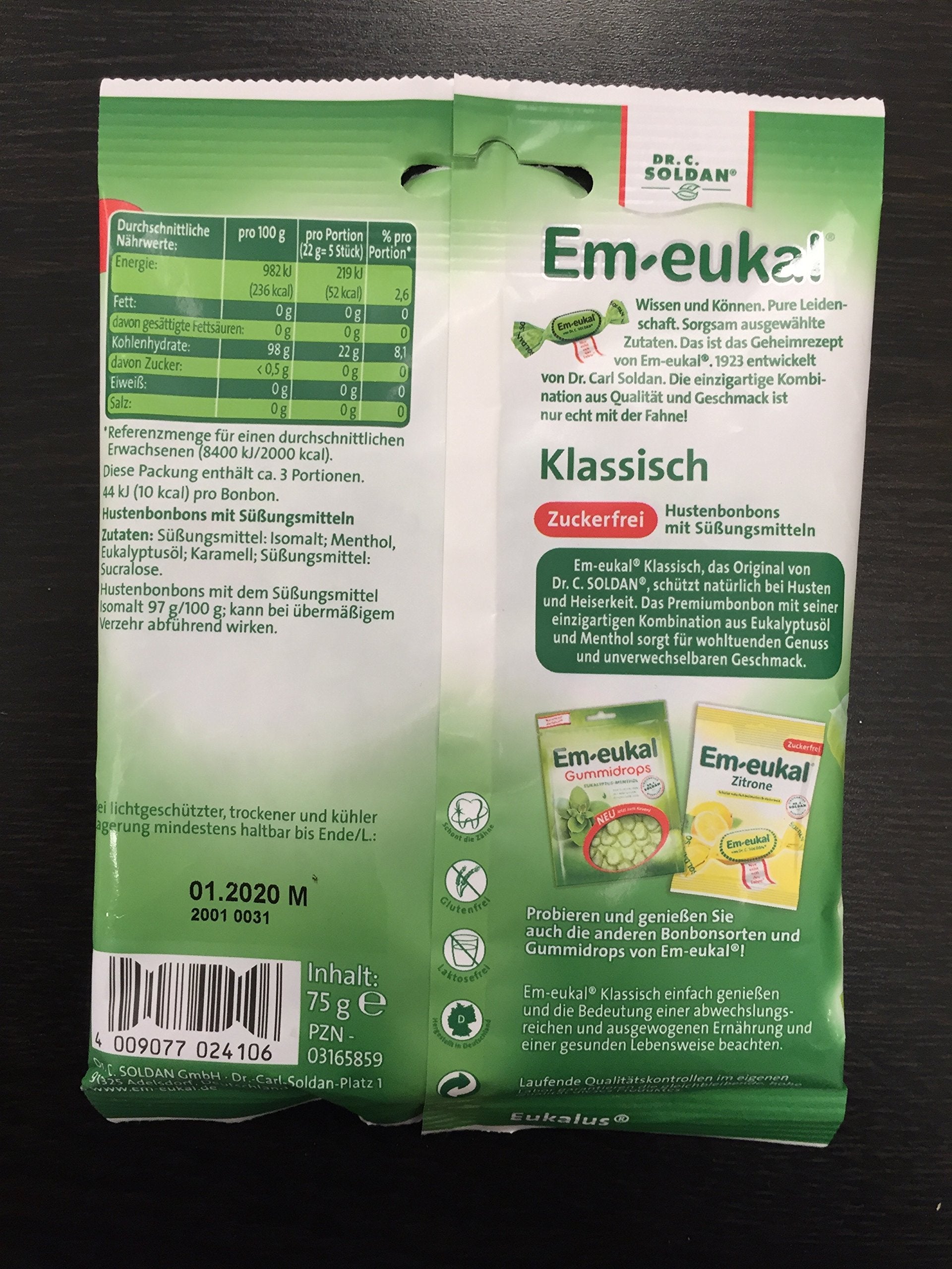 Em-Eukal Dr. C Soldan Clásico sin azúcar, presentación de 75 g, práctico para llevar.