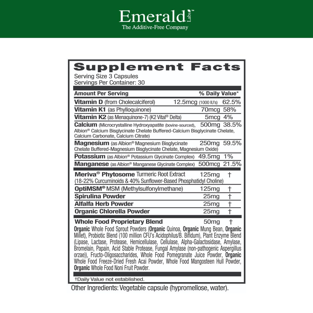 EMERALD LABS Osteo: etiqueta frontal destacando vitaminas clave