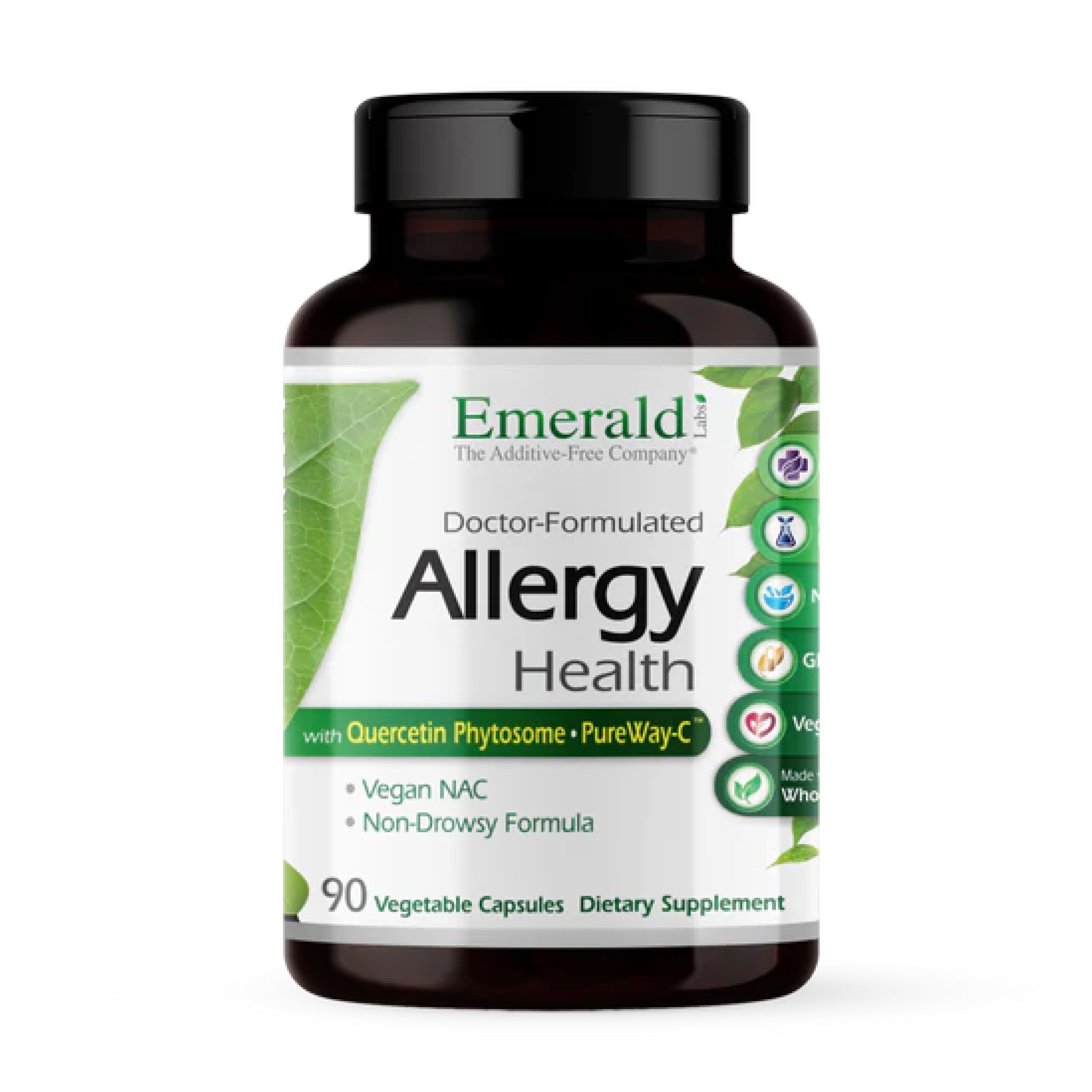 EMERALD LABS Allergy Health: botella de cápsulas vegetales para apoyo natural durante la exposición a alérgenos.