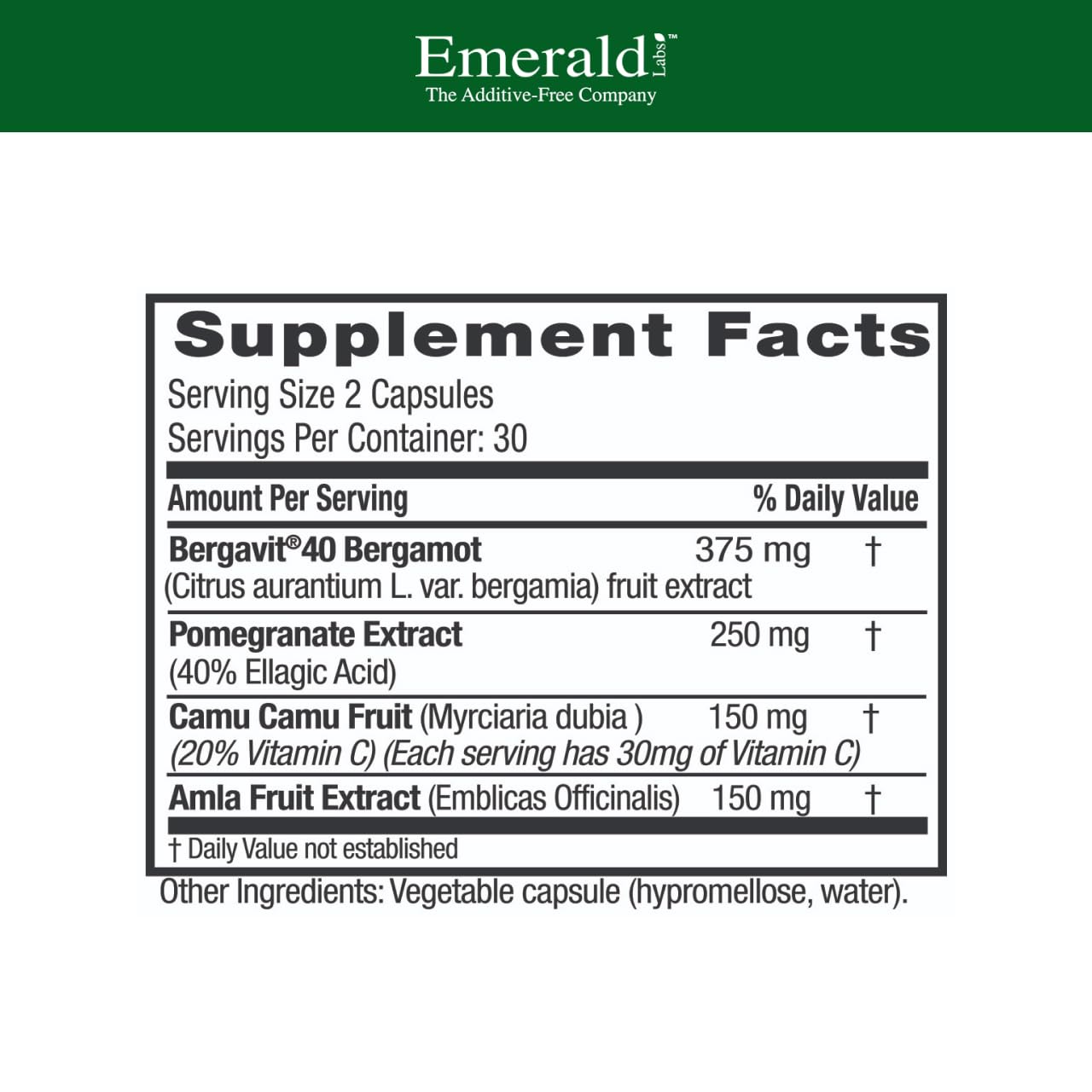 EMERALD LABS Bergamot+ etiqueta clara, información de ingredientes clave