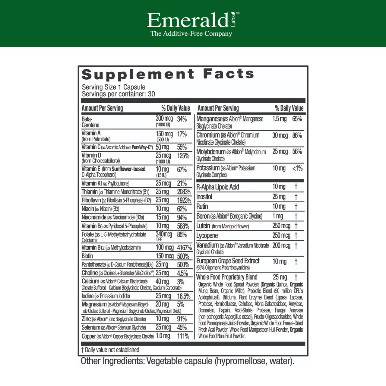 EMERALD LABS multivitamínico diario completo, etiqueta frontal clara para planificar la ingesta