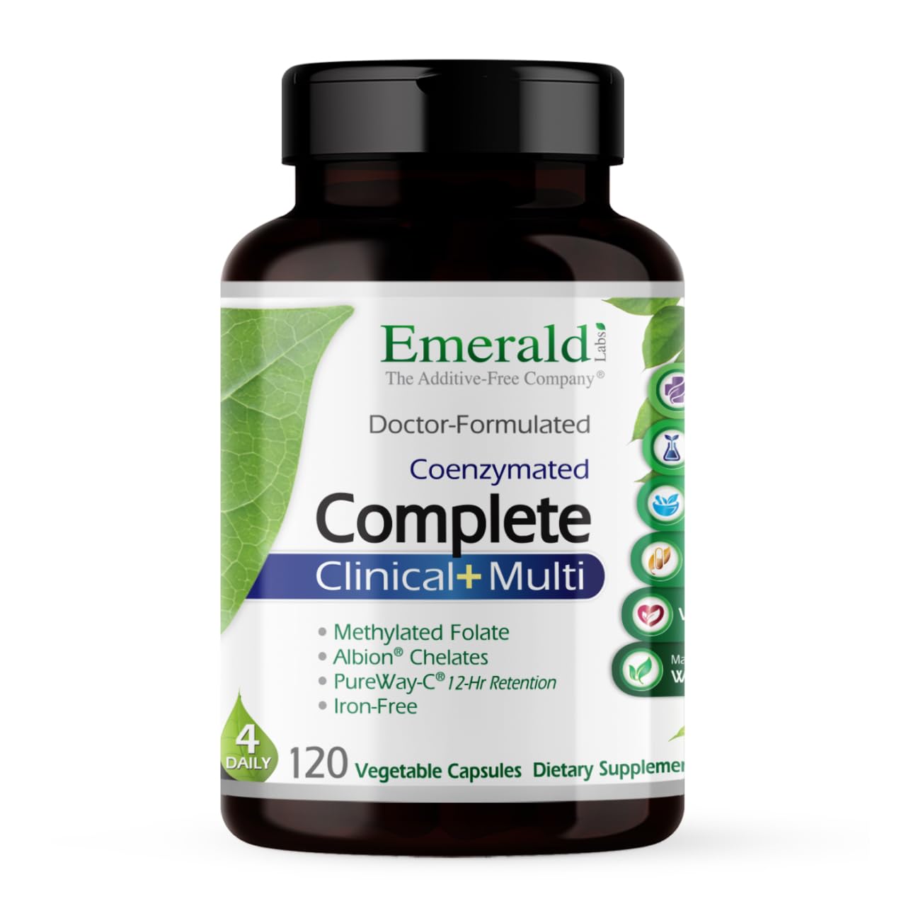 Emerald Labs Complete Clinical Multi, bote-frente: cápsulas vegetales para uso diario.