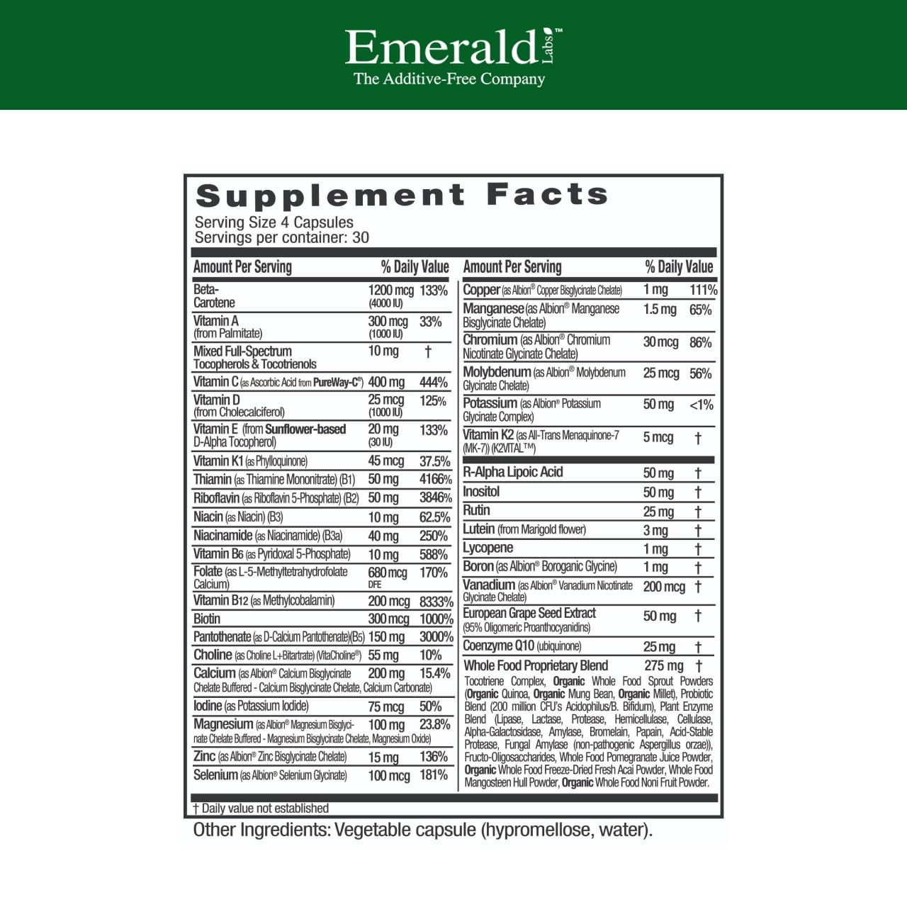 Emerald Labs Complete Clinical Multi, etiqueta-detalle: vitaminas y minerales para bienestar diario.