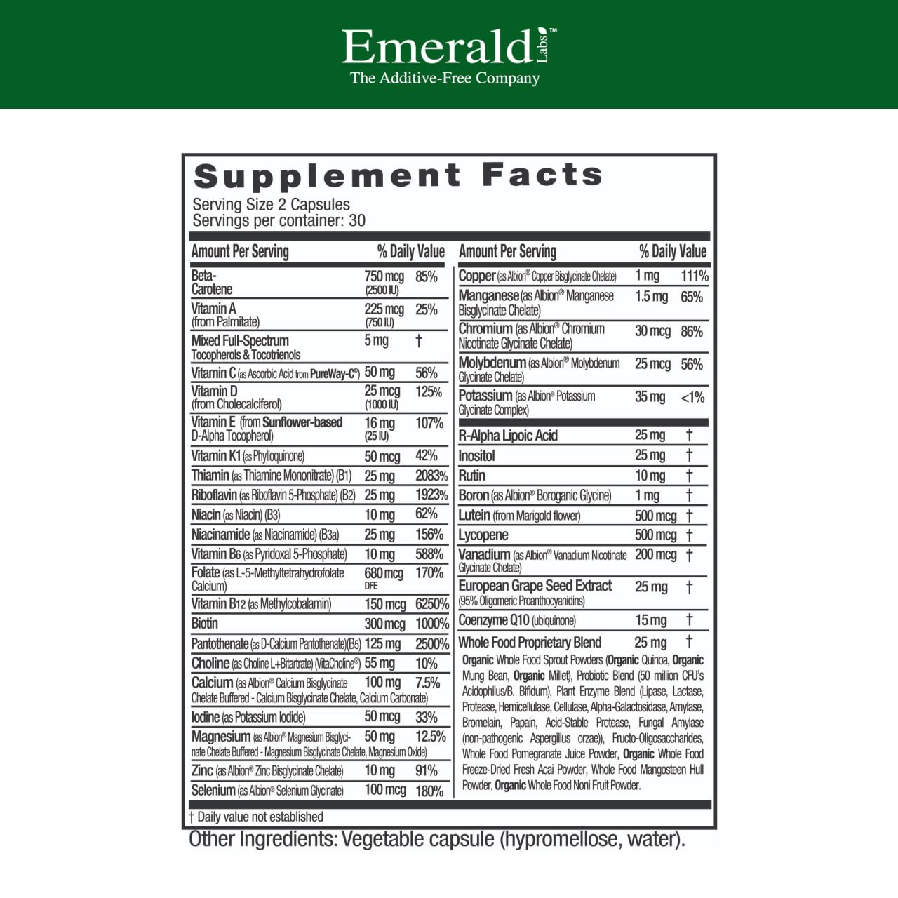 EMERALD LABS Complete Premium Multi, etiqueta clara para nutrición diaria equilibrada.