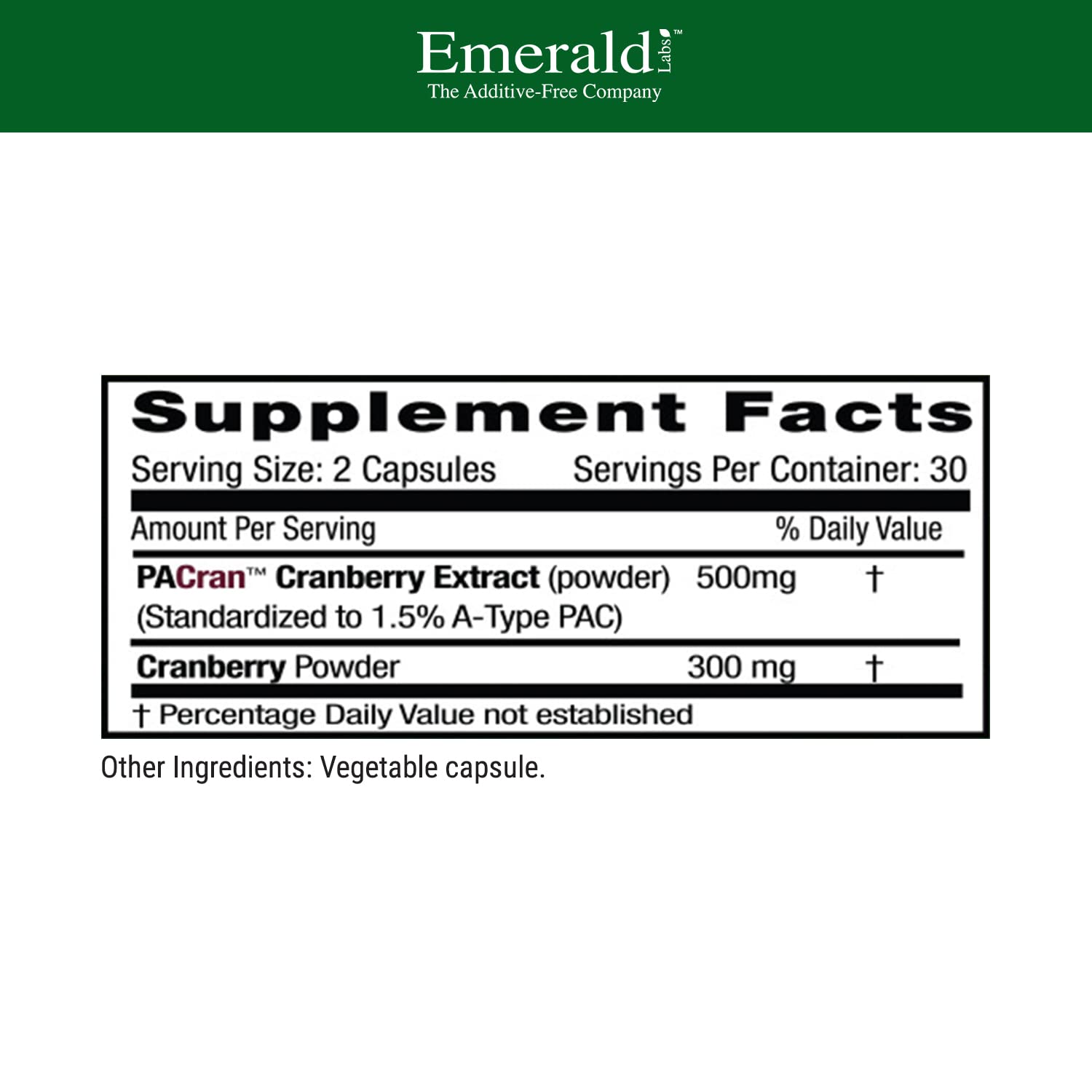 Cápsulas de arándano Emerald Labs junto a la caja para lectura de beneficios