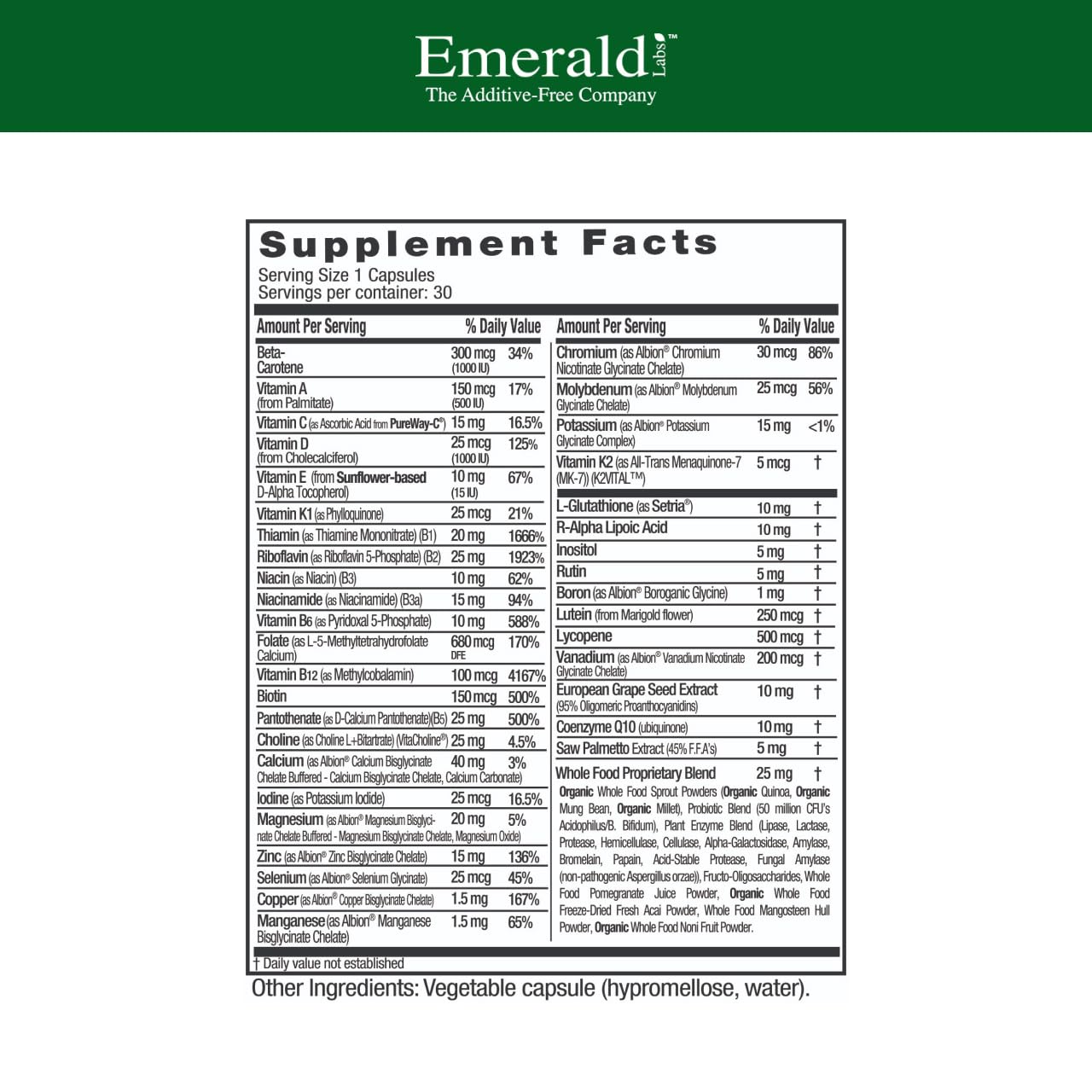 Frasco Emerald Labs de 30 cápsulas para uso diario.