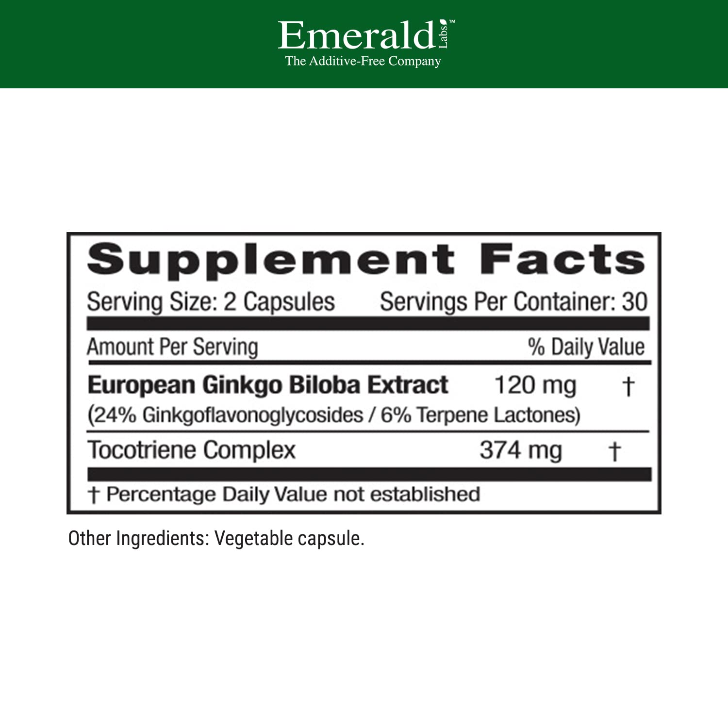 Frasco de EMERALD LABS Ginkgo Biloba Extract con 60 cápsulas para uso diario