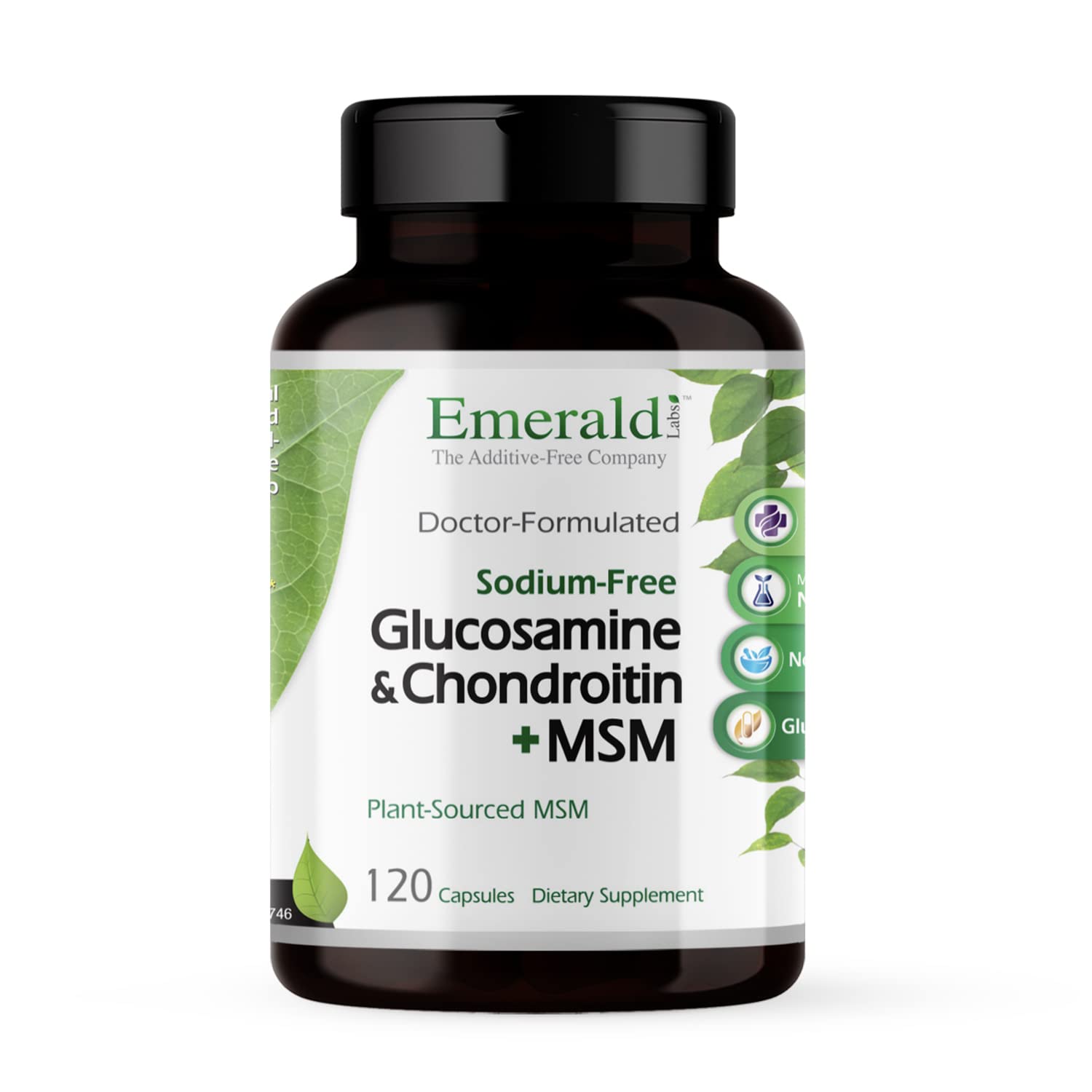 Emerald Labs Glucosamina y Condroitina con MSM, envase de 120 cápsulas para apoyar la salud de las articulaciones.