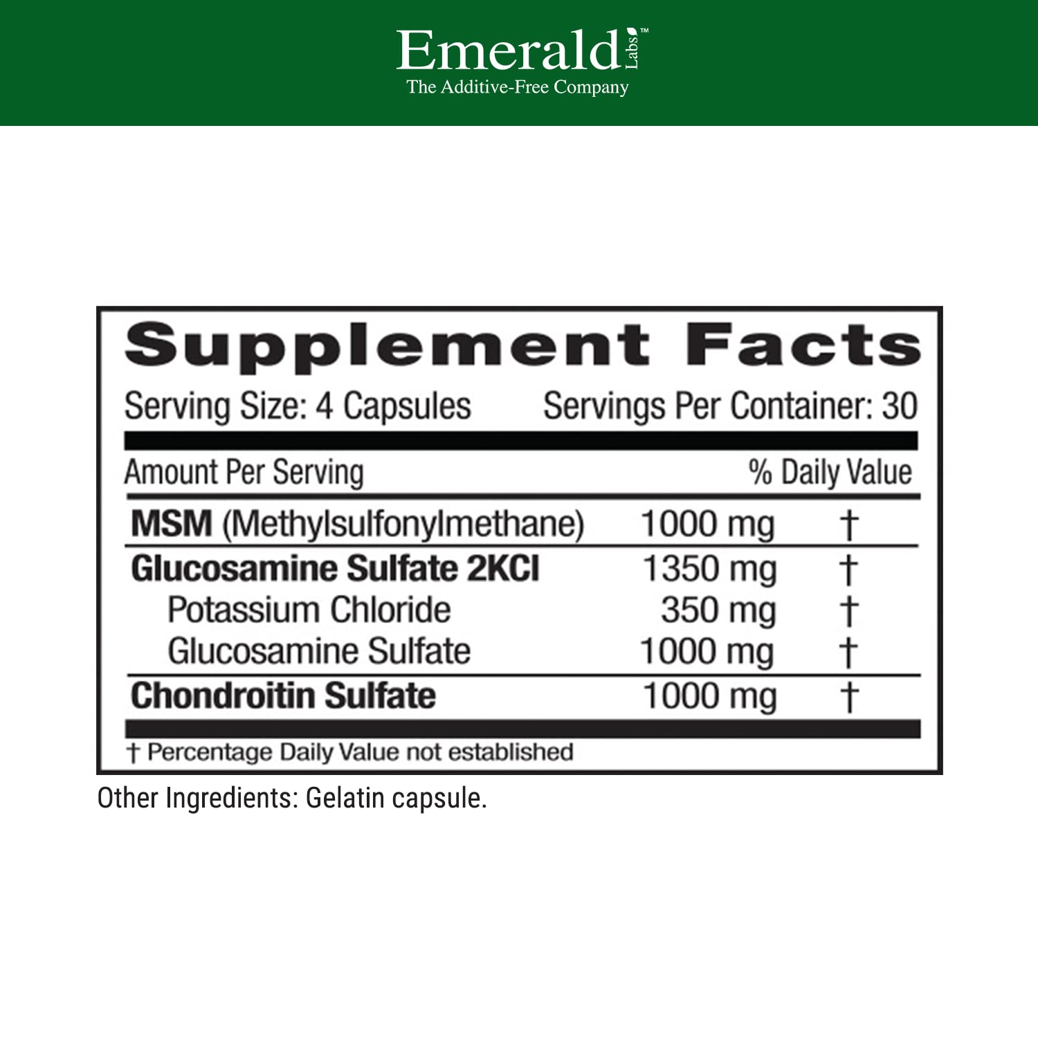 Emerald Labs Glucosamina Sulfato 1350 mg, por ración, para reforzar el soporte de cartílago.