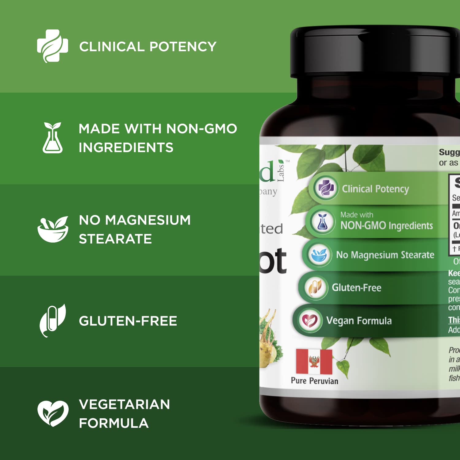 Etiqueta de Emerald Labs Maca destacando fórmula sin gluten